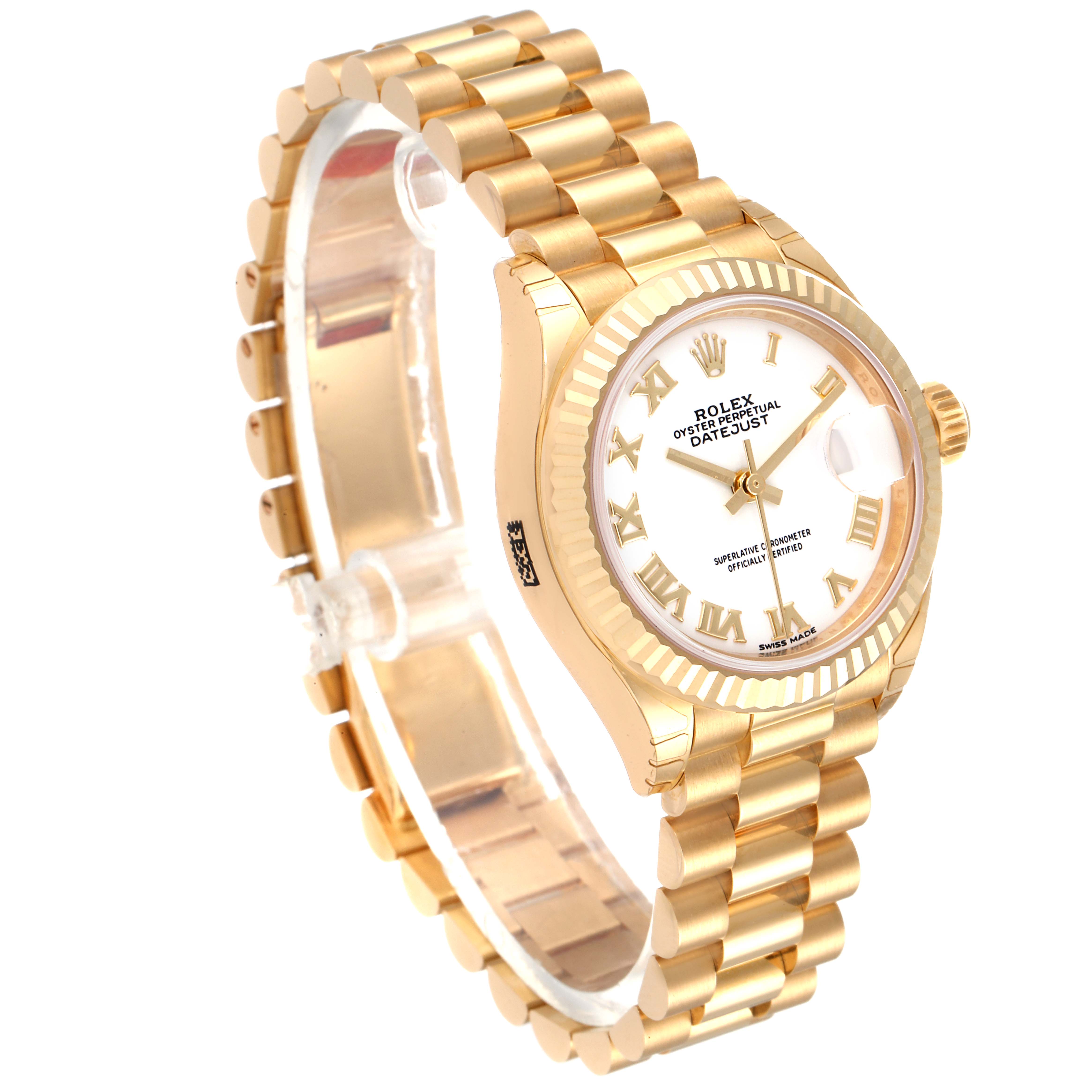 The image shows a Rolex President 279178 Women
s Yellow Gold White Dial 279178 Women
s Yellow Gold White Dial model watch, primarily focusing on its gold bracelet, bezel, case, and dial from a side angle.