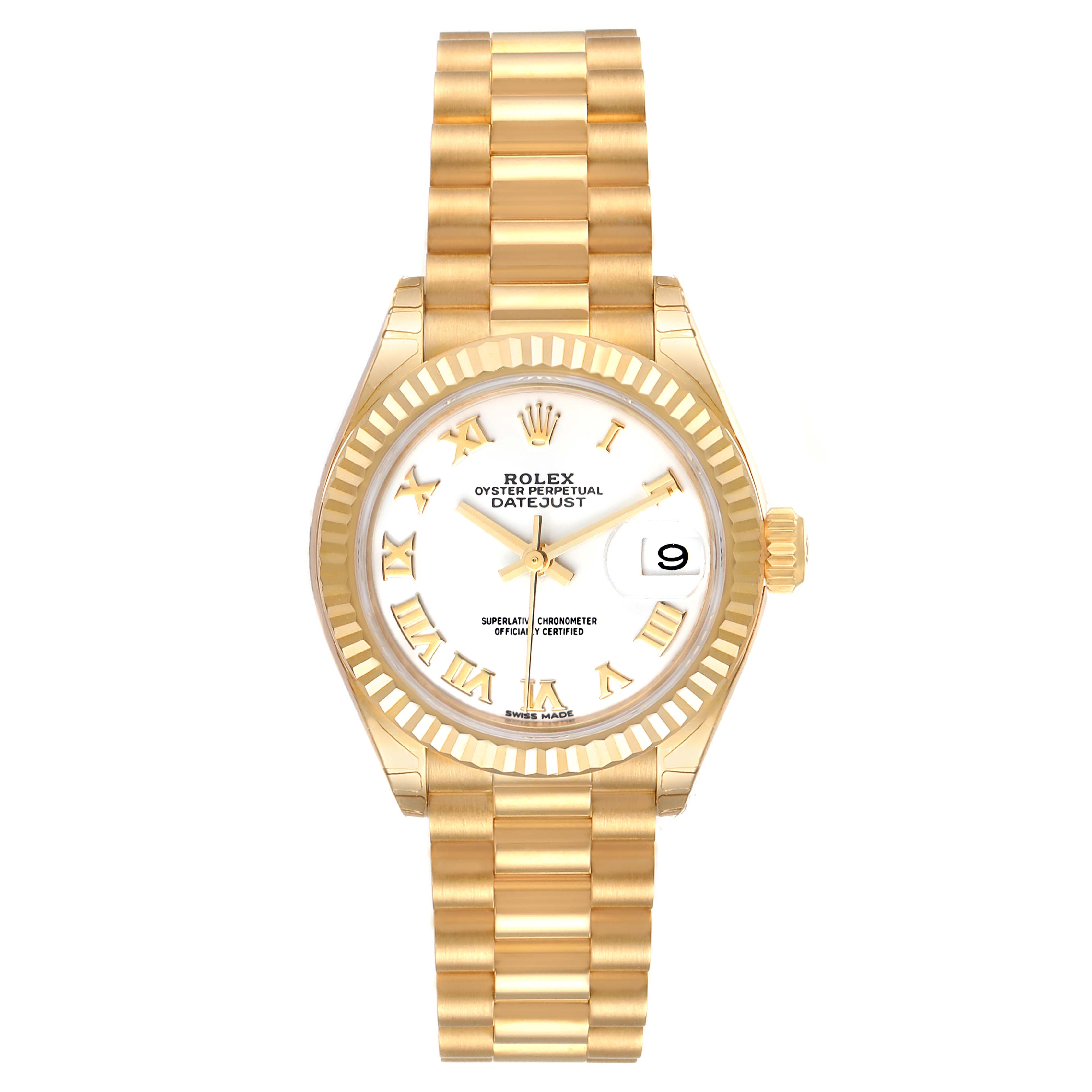 The image shows a front view of the Rolex President 279178 Women
s Yellow Gold White Dial 279178 Women
s Yellow Gold White Dial model watch, showcasing the gold bracelet, fluted bezel, and white dial with a date window.