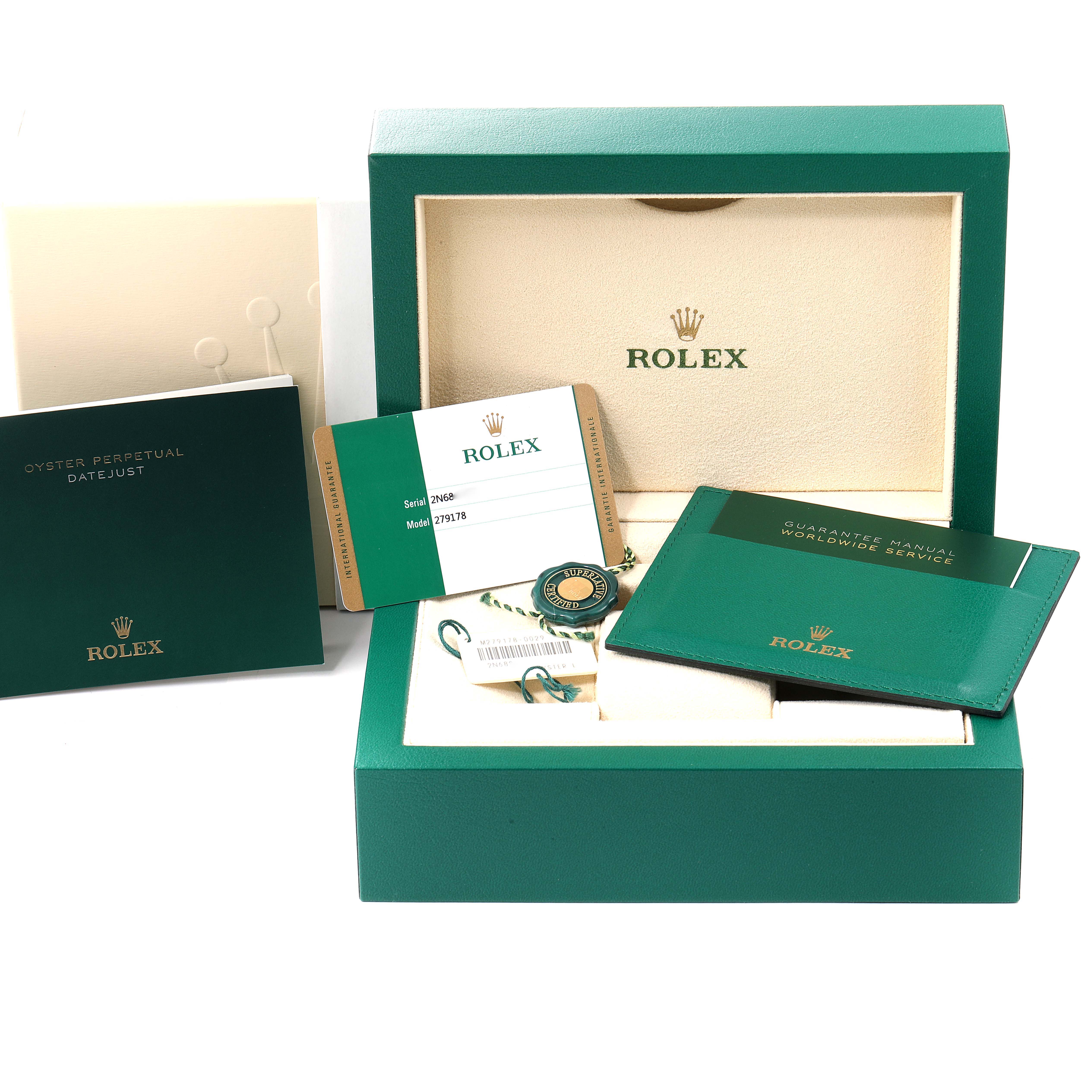 The image shows a Rolex President 279178 Women
s Yellow Gold White Dial 279178 Women
s Yellow Gold White Dial model packaging box, warranty card, manuals, and additional tags.