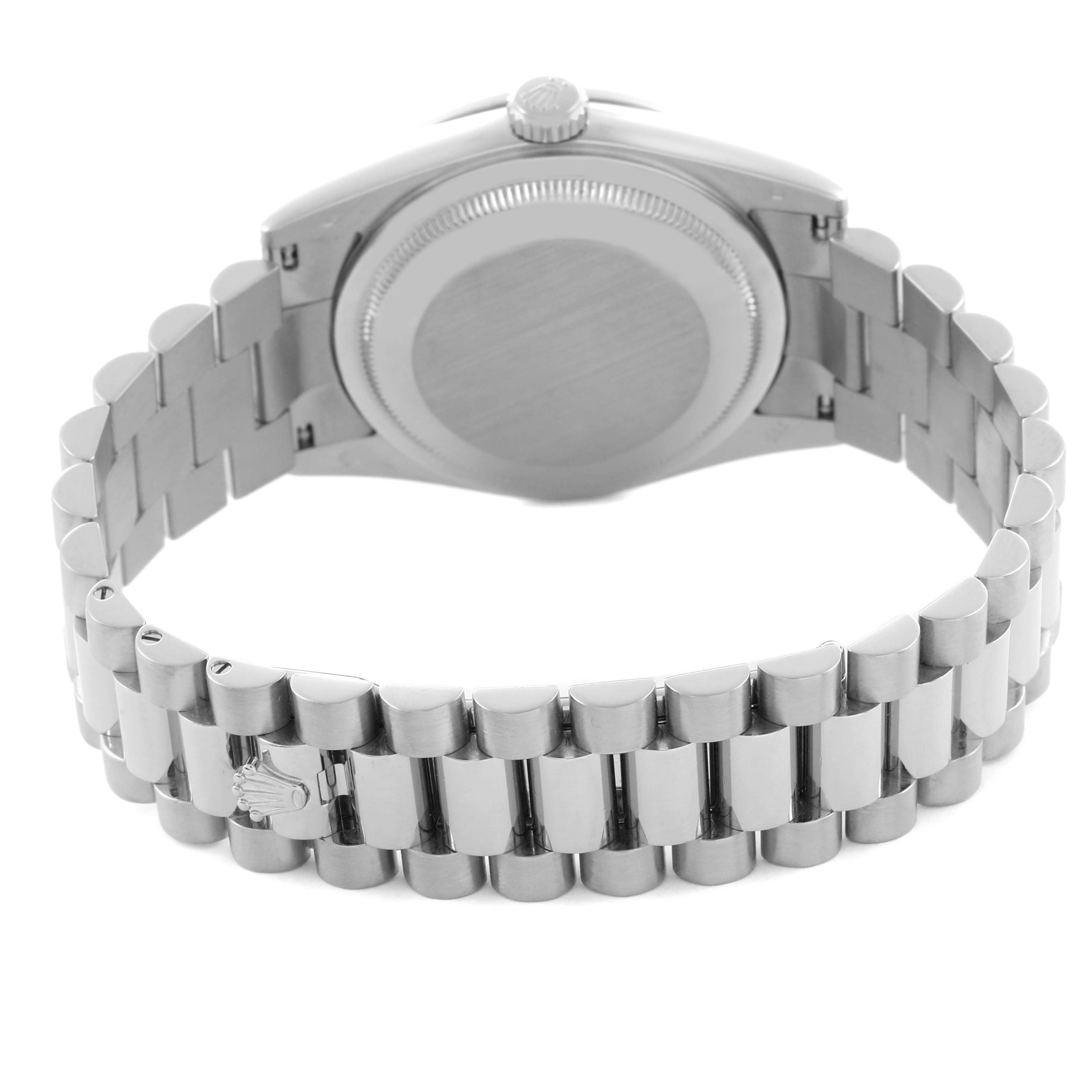 The image shows the back and bracelet of a Rolex President 118389 Men's White Gold Silver Dial 118389 Men's White Gold Silver Dial model watch, highlighting the clasp and link design.
