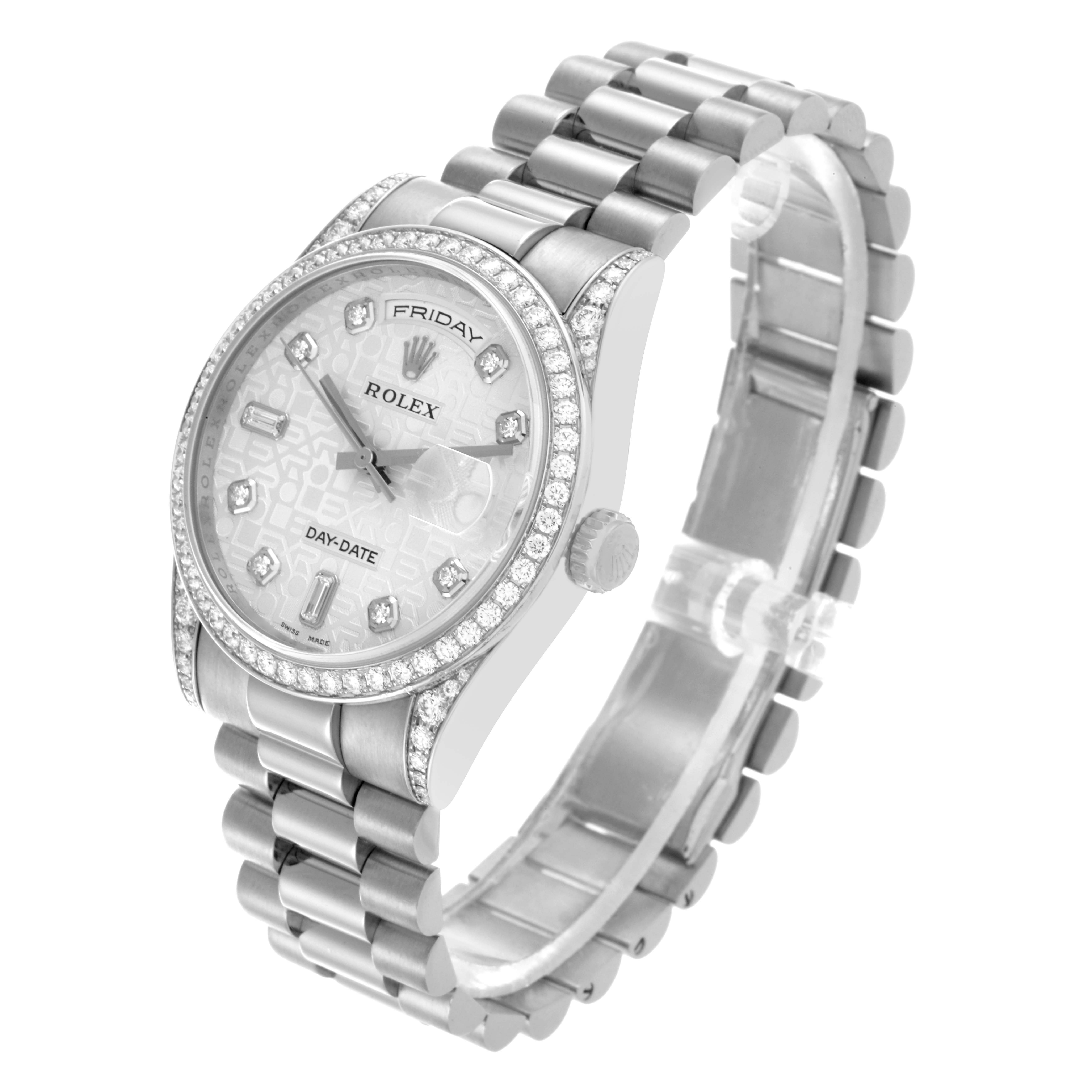 The Rolex President 118389 Men's White Gold Silver Dial 118389 Men's White Gold Silver Dial model is shown from a slightly tilted angle, displaying the face, bezel, and part of the bracelet.