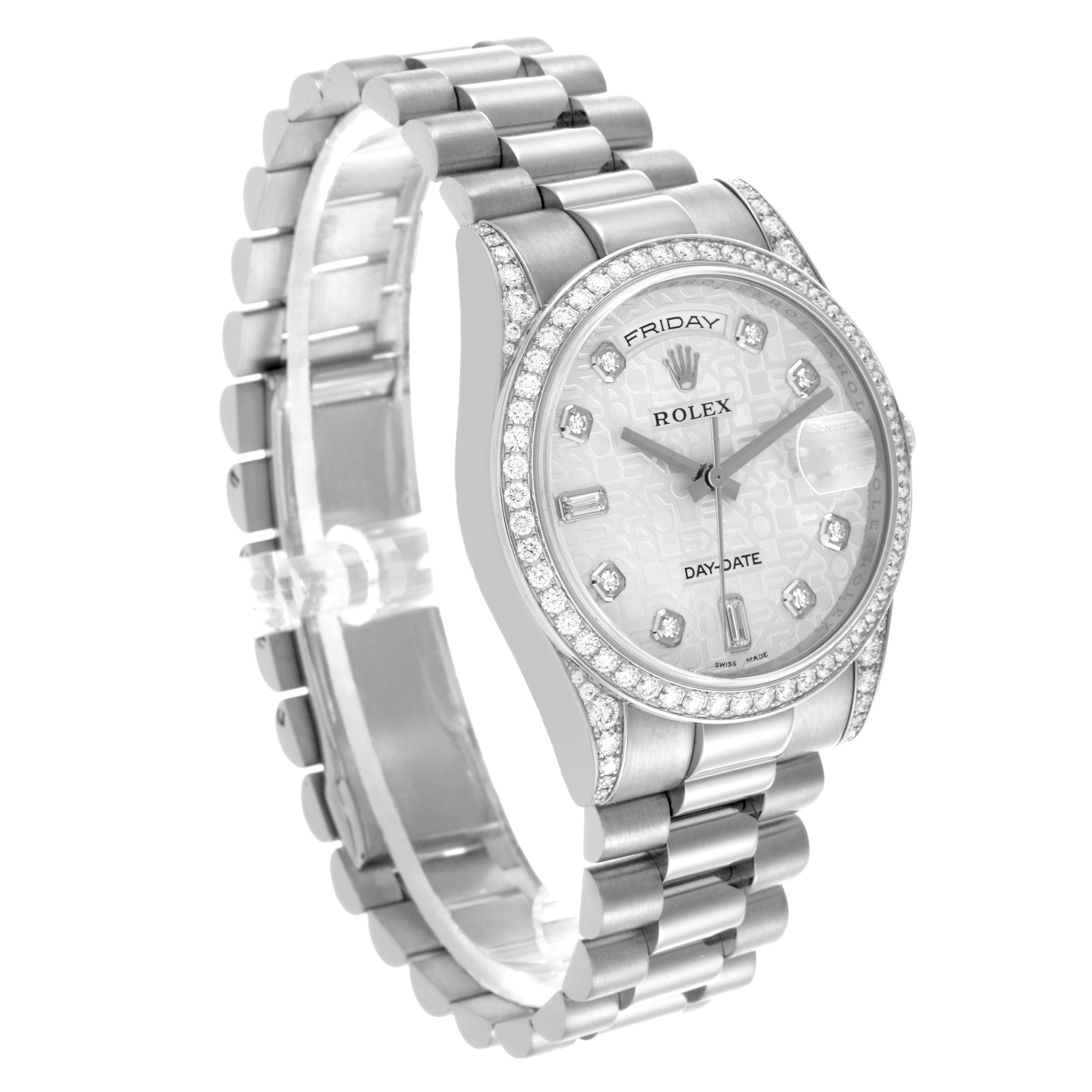 The Rolex President 118389 Men's White Gold Silver Dial 118389 Men's White Gold Silver Dial model is shown at a side angle, featuring the watch face, bezel, and bracelet.