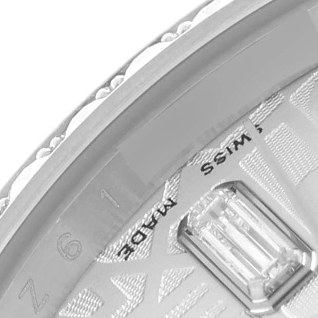 The image shows a close-up of the dial and bezel edge of a Rolex President 118389 Men's White Gold Silver Dial 118389 Men's White Gold Silver Dial watch, highlighting its intricate detailing.
