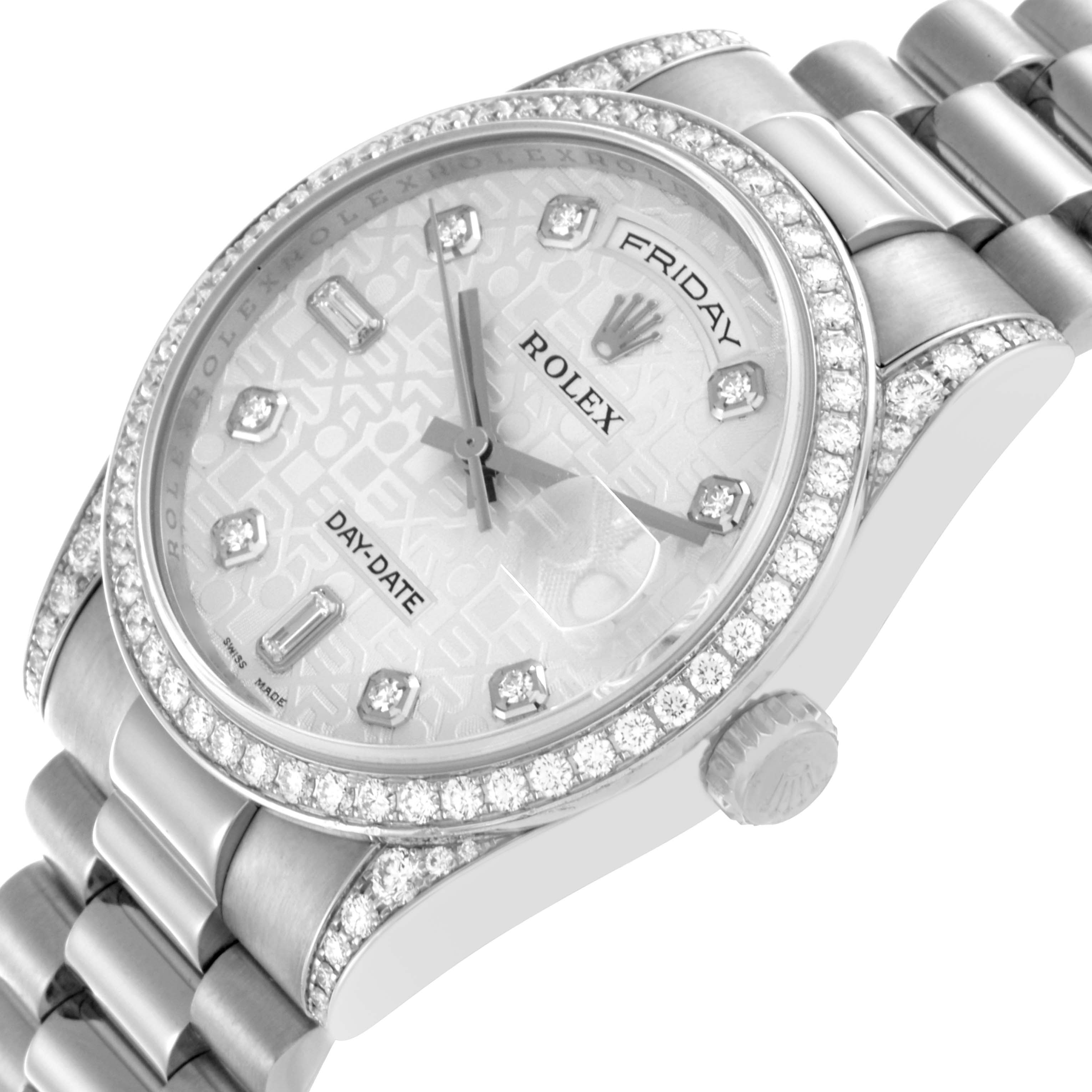 The Rolex President 118389 Men's White Gold Silver Dial 118389 Men's White Gold Silver Dial model is shown at an angle highlighting the face, bezel, crown, and part of the bracelet.