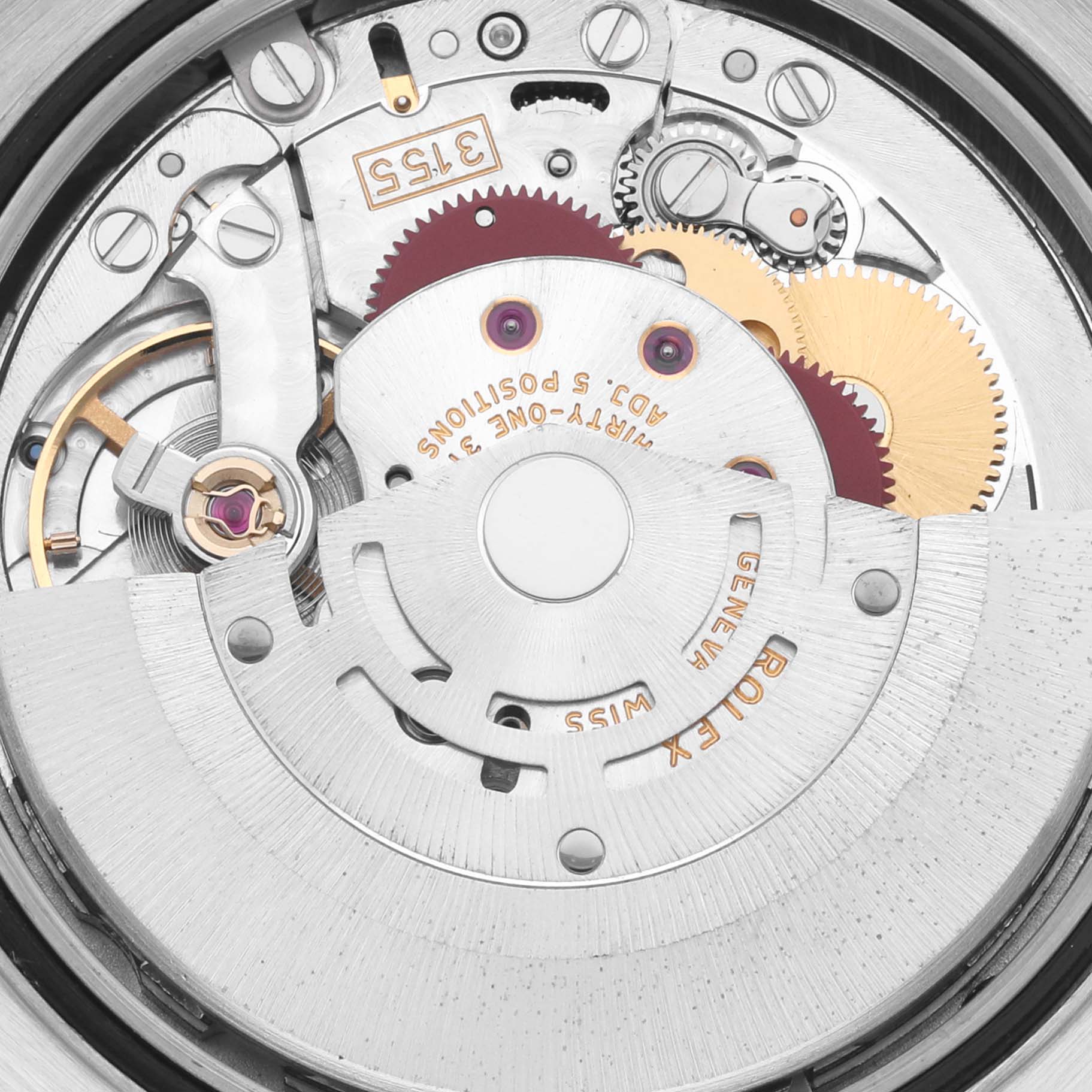 The image shows the internal movement mechanism of the Rolex President 118389 Men's White Gold Silver Dial 118389 Men's White Gold Silver Dial model from a top view angle, highlighting the gears and rotors.