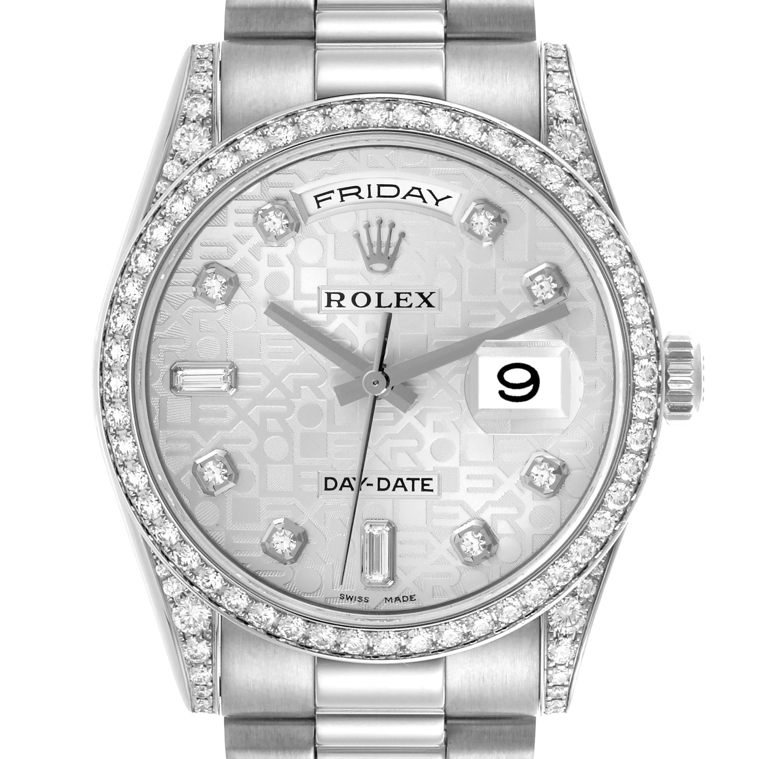 The image shows a front view of the Rolex President 118389 Men's White Gold Silver Dial 118389 Men's White Gold Silver Dial watch, displaying the dial, bezel, and part of the bracelet.