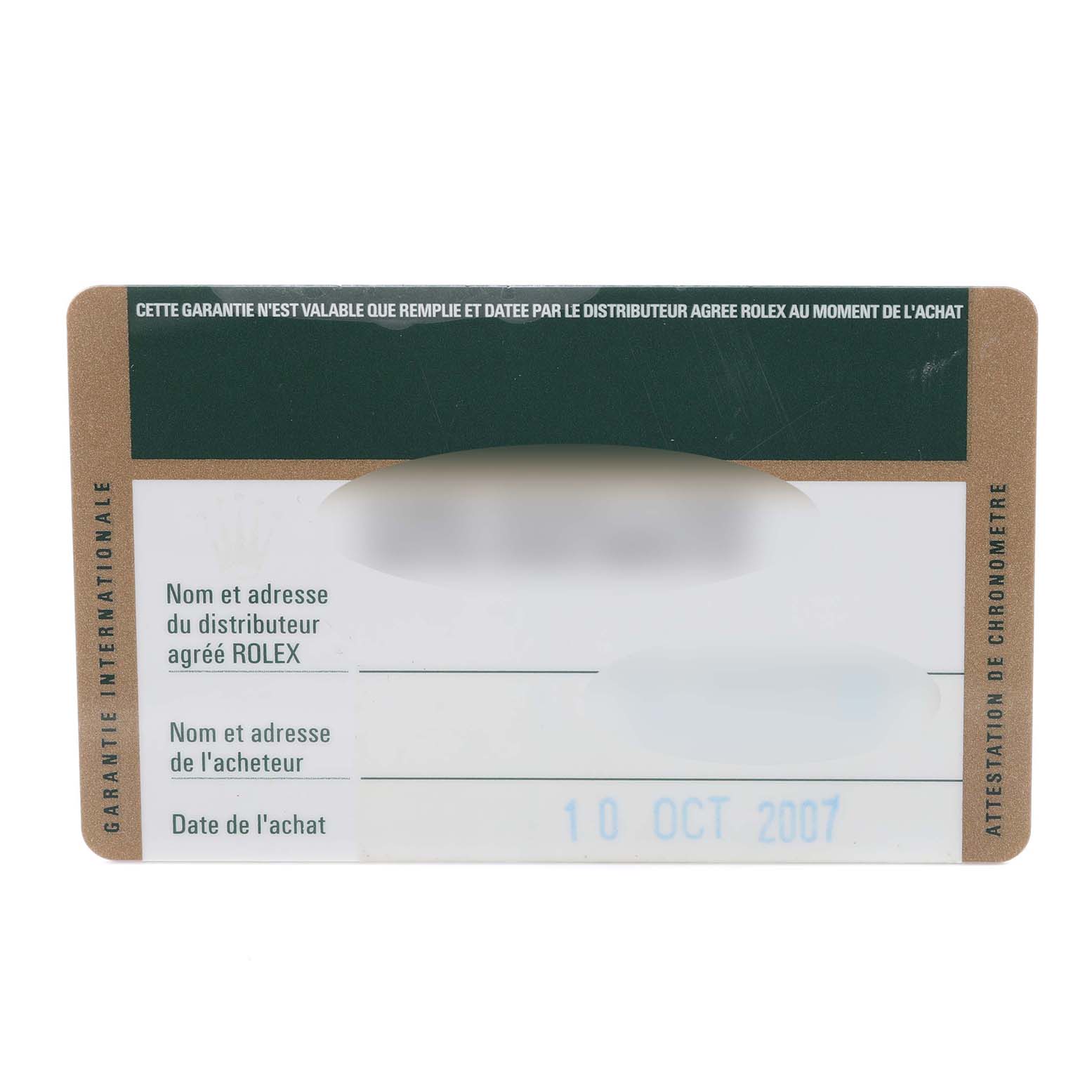 The image shows a guarantee card for a Rolex President 118389 Men's White Gold Silver Dial 118389 Men's White Gold Silver Dial model, featuring purchase and dealer information.