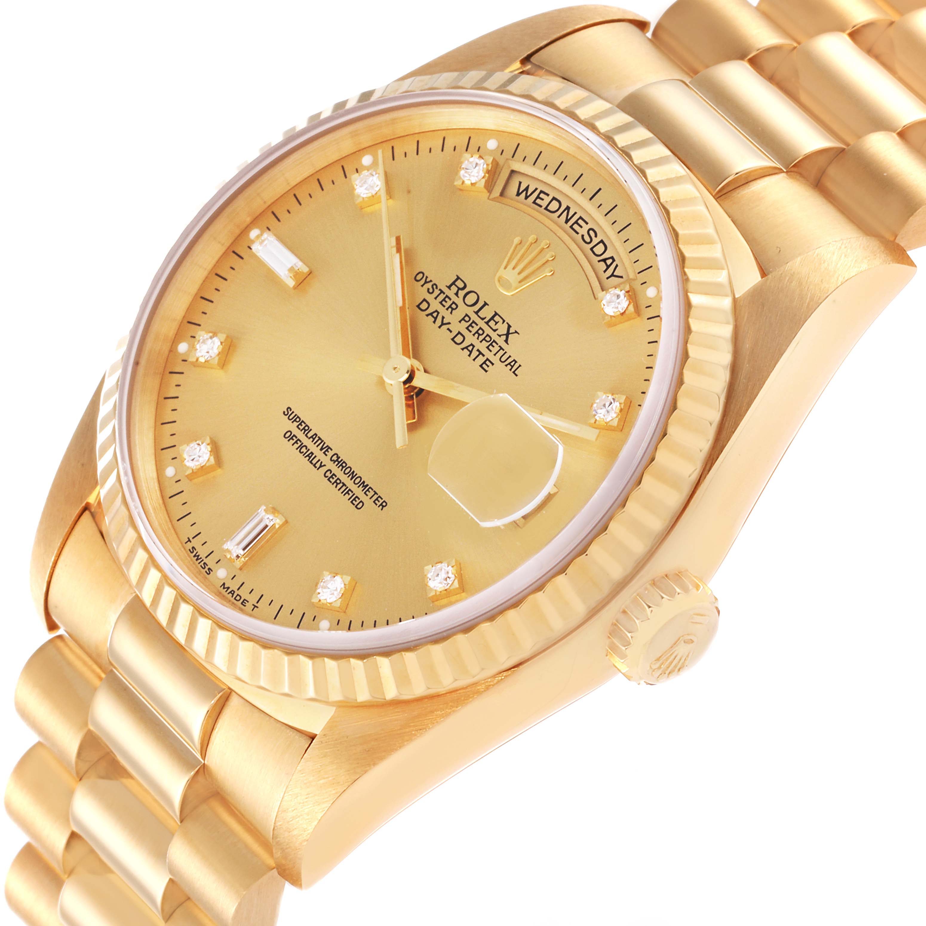 The image shows a Rolex President 18238 Men
s Yellow Gold Champagne Dial 18238 Men
s Yellow Gold Champagne Dial model watch from a front angle, highlighting the gold case, diamond indices, and day-date display.