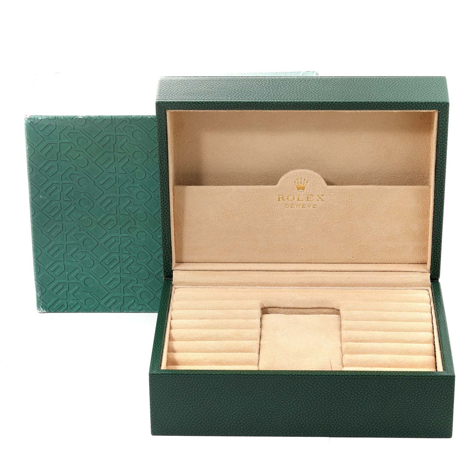 The image shows an open, empty Rolex President 18238 Men
s Yellow Gold Champagne Dial 18238 Men
s Yellow Gold Champagne Dial model watch box with a green exterior and a beige interior.