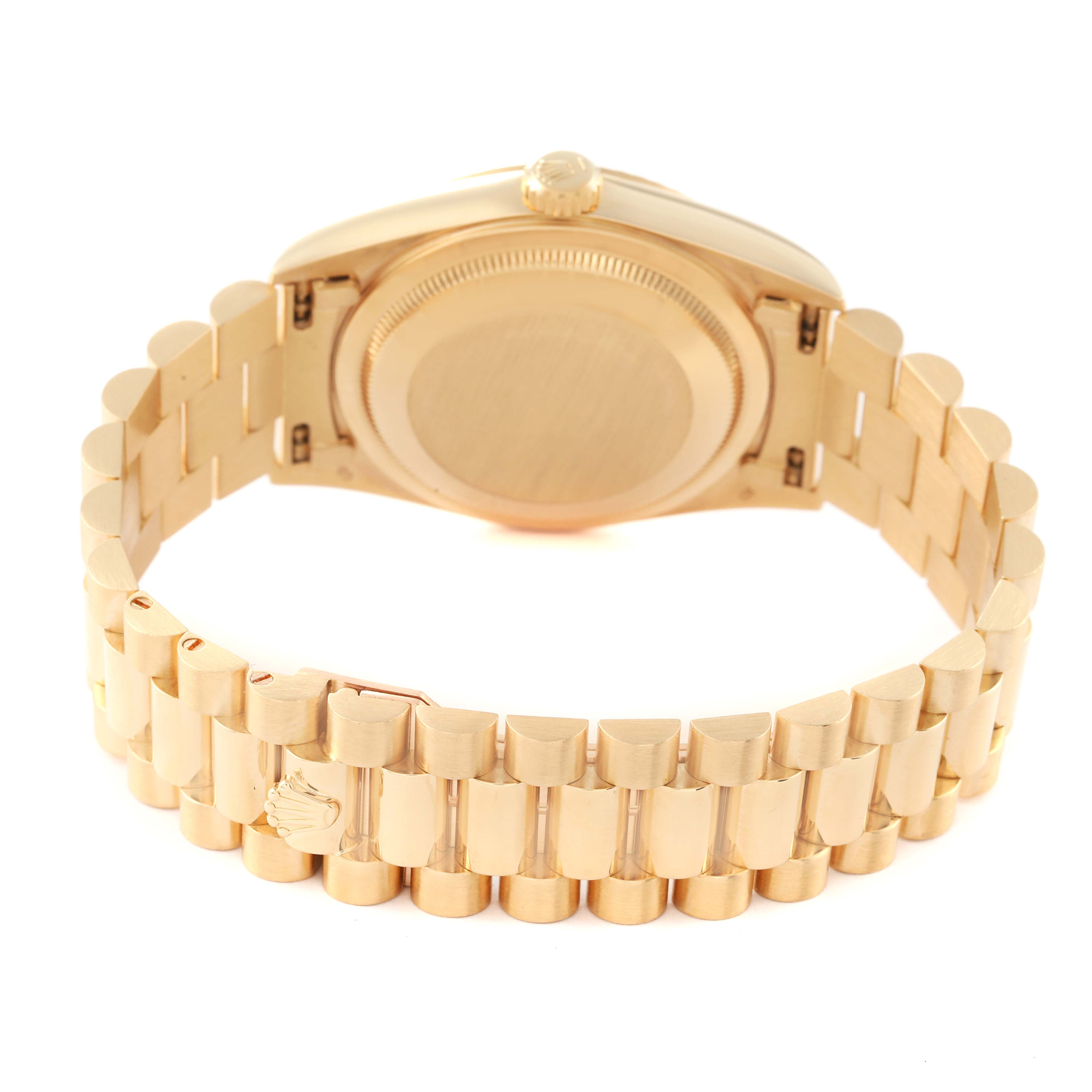 This image shows the rear view and bracelet of a Rolex President 18238 Men
s Yellow Gold Champagne Dial 18238 Men
s Yellow Gold Champagne Dial model watch.