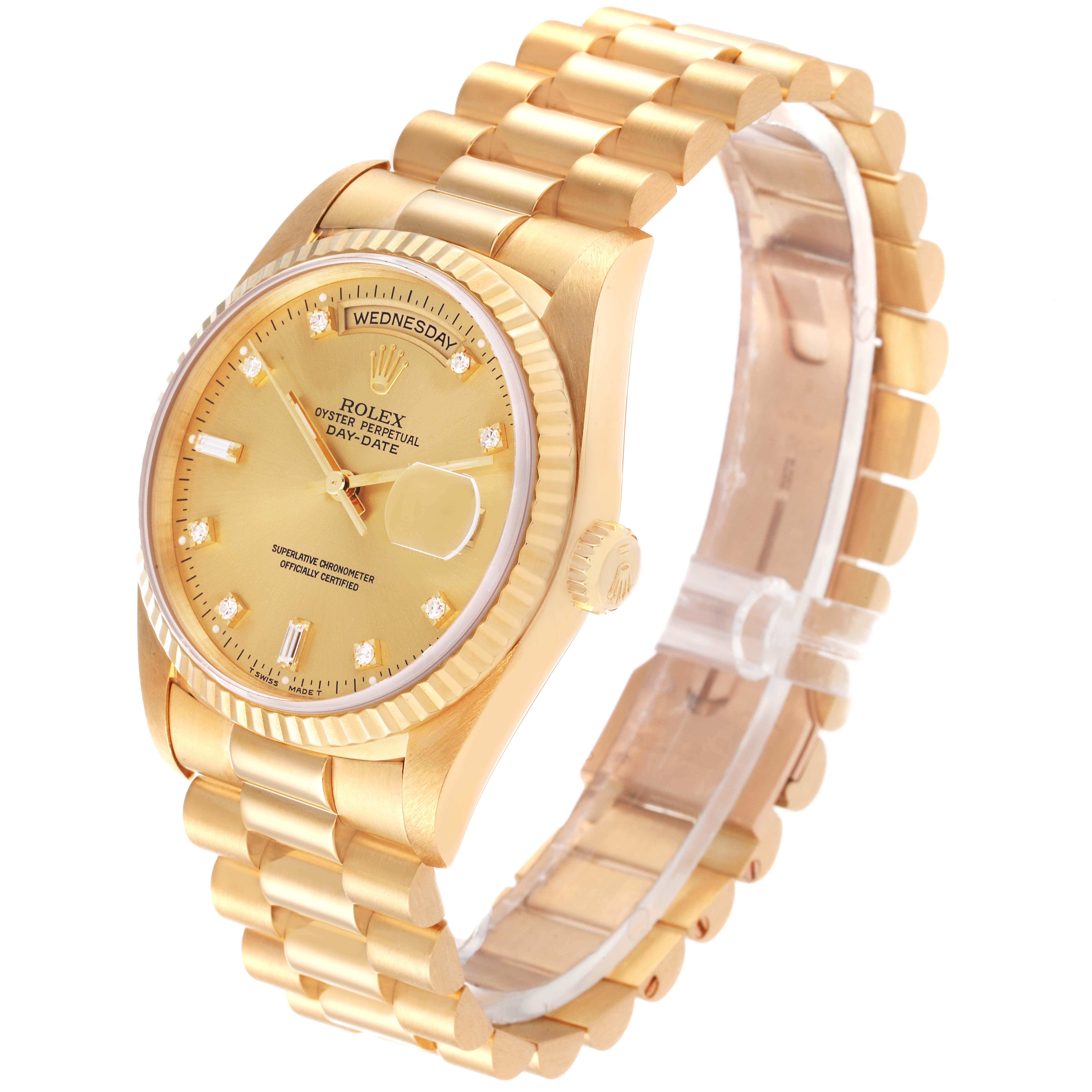 The Rolex President 18238 Men
s Yellow Gold Champagne Dial 18238 Men
s Yellow Gold Champagne Dial model watch is shown at a three-quarter angle, highlighting its bracelet, case, crown, and dial.