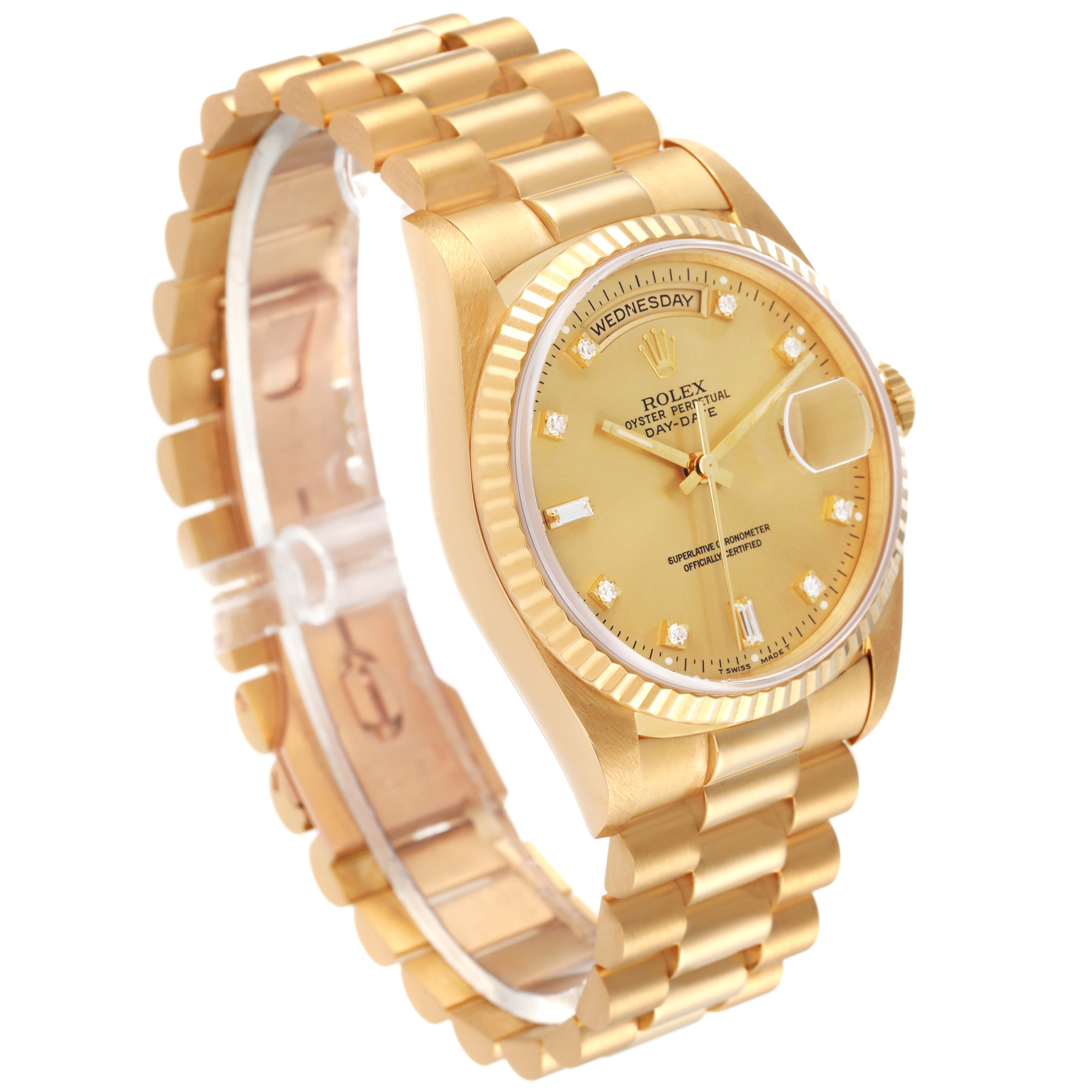 The image shows a golden Rolex President 18238 Men
s Yellow Gold Champagne Dial 18238 Men
s Yellow Gold Champagne Dial model watch from a side-angle, detailing its bracelet, case, and face.