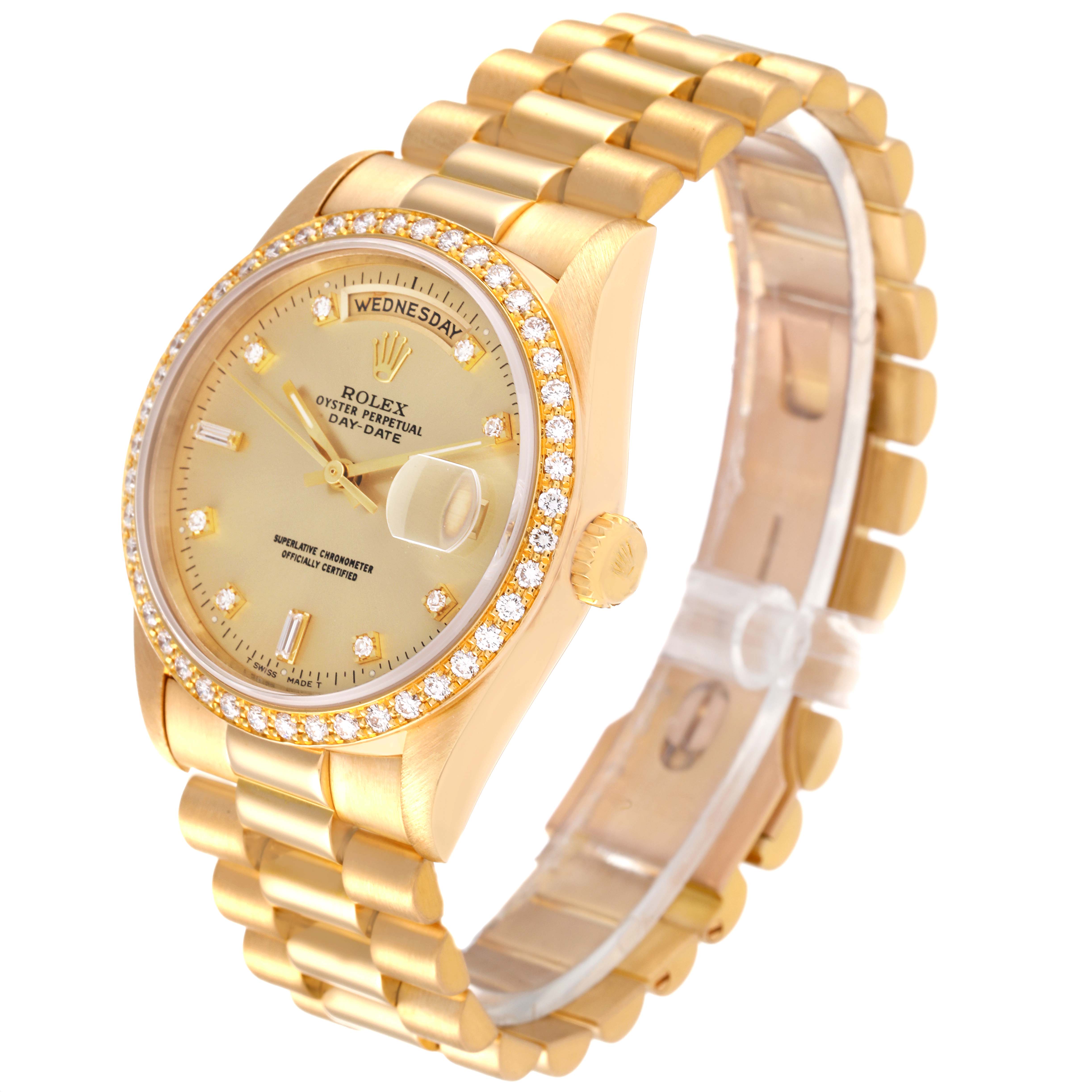 The image shows a side-angle view of a Rolex President 18348 Men's Yellow Gold Champagne Dial 18348 Men's Yellow Gold Champagne Dial model watch, featuring its bezel, dial, crown, and bracelet.