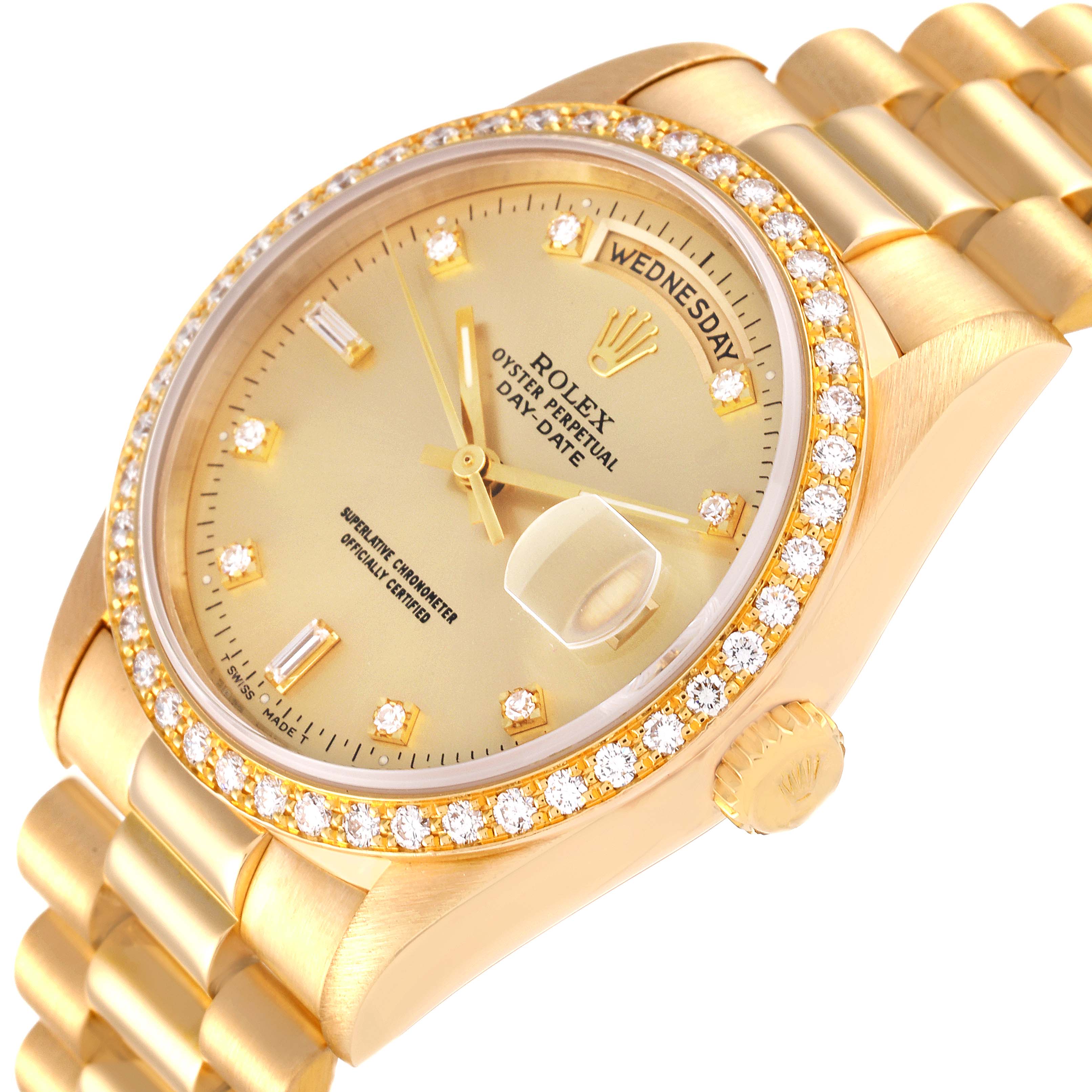 This image shows a Rolex President 18348 Men's Yellow Gold Champagne Dial 18348 Men's Yellow Gold Champagne Dial model watch from an angled view, featuring its face, bezel, crown, and part of the bracelet.