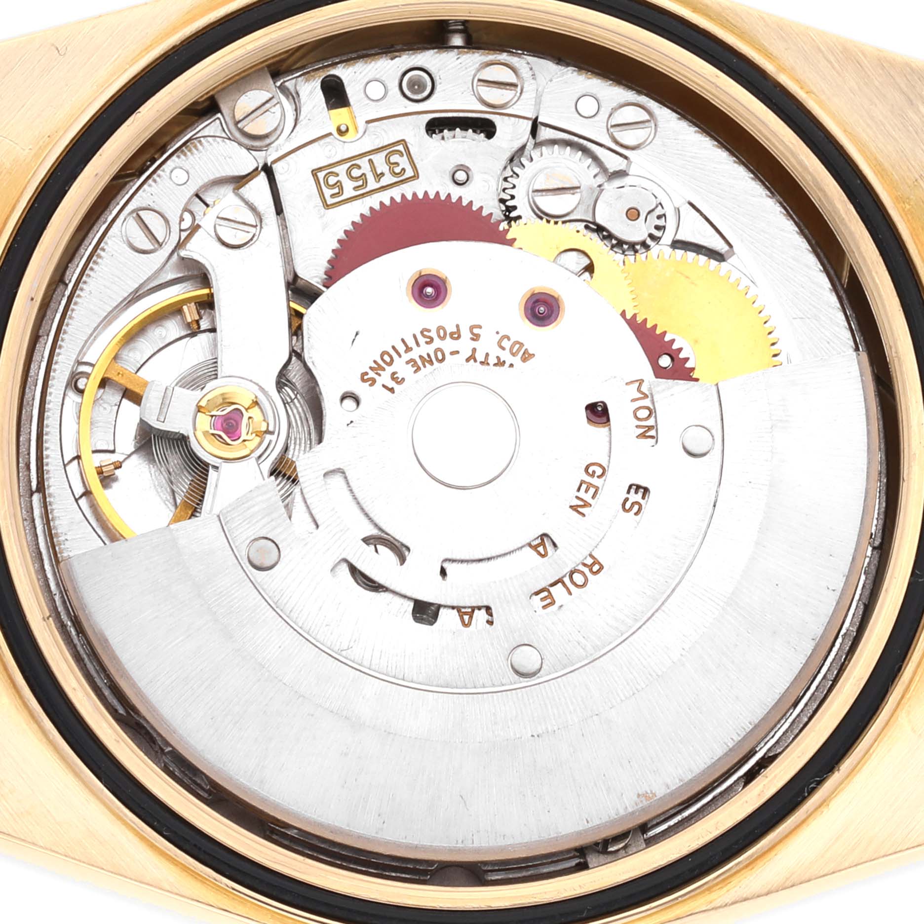 This is a close-up view of the movement inside the Rolex President 18348 Men's Yellow Gold Champagne Dial 18348 Men's Yellow Gold Champagne Dial model watch, showing its intricate gears and mechanisms.