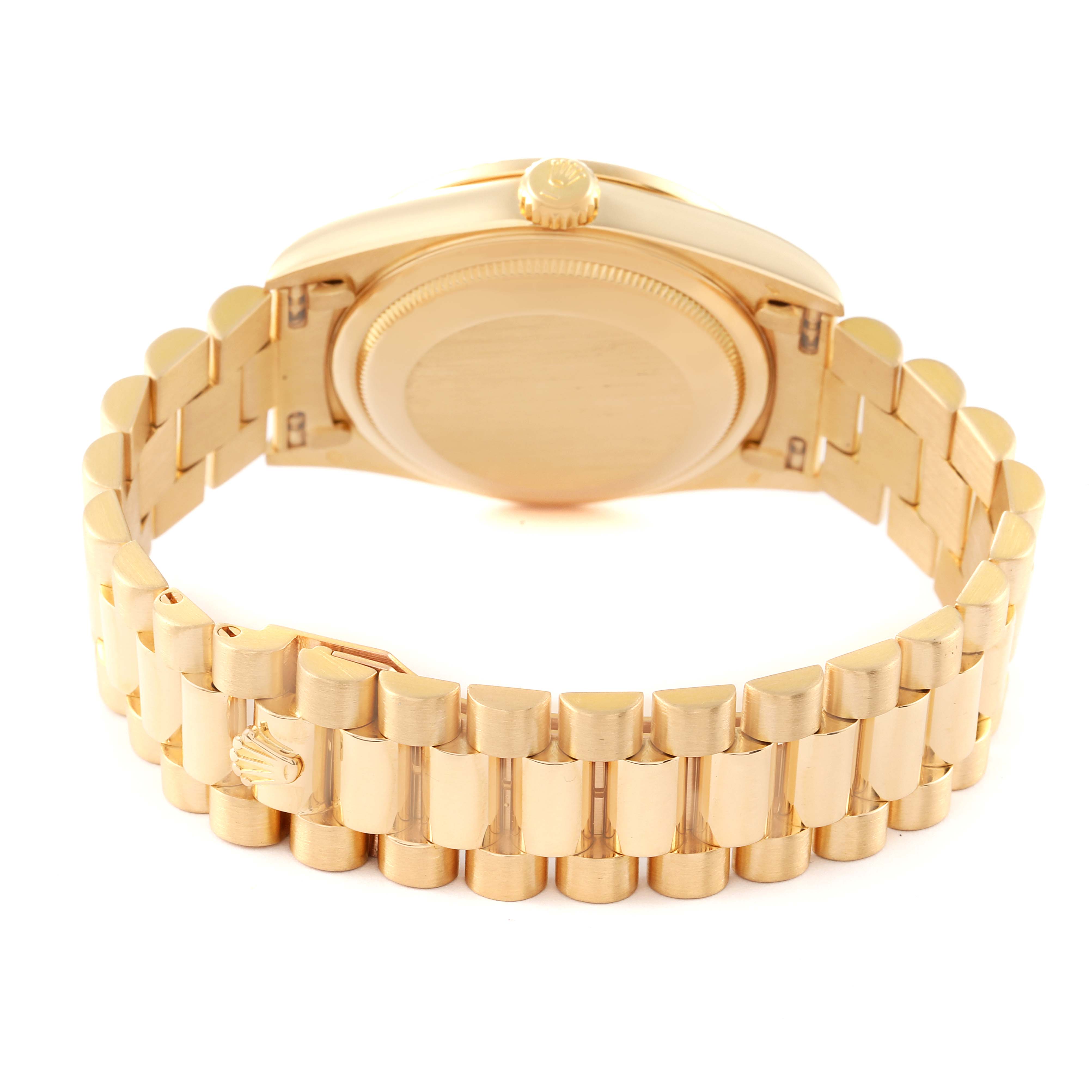 This image shows the back case and bracelet of a Rolex President 18348 Men's Yellow Gold Champagne Dial 18348 Men's Yellow Gold Champagne Dial model watch from a rear angle.