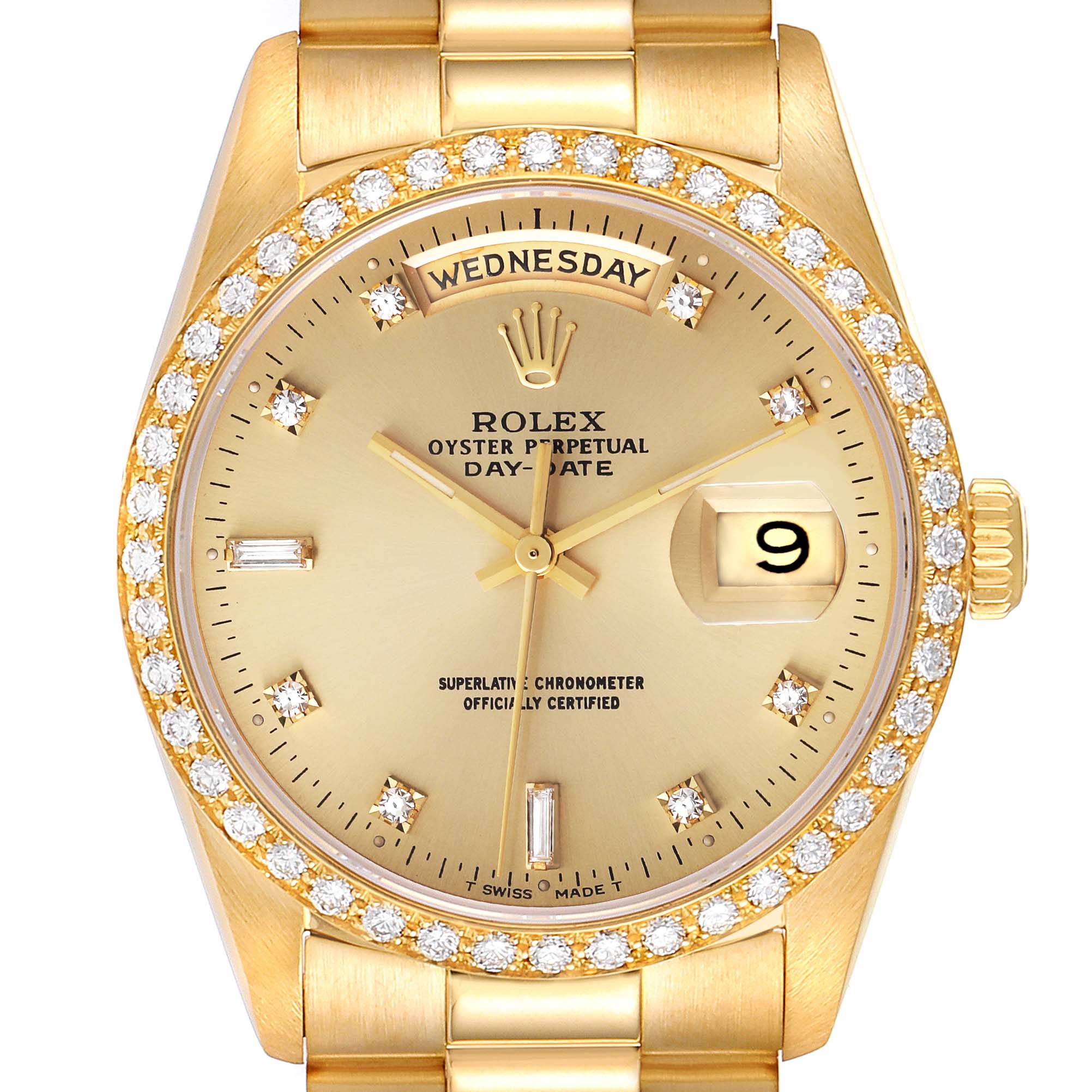 This image shows a front view of a Rolex President 18348 Men's Yellow Gold Champagne Dial 18348 Men's Yellow Gold Champagne Dial watch, highlighting the dial, bezel, crown, and part of the bracelet.