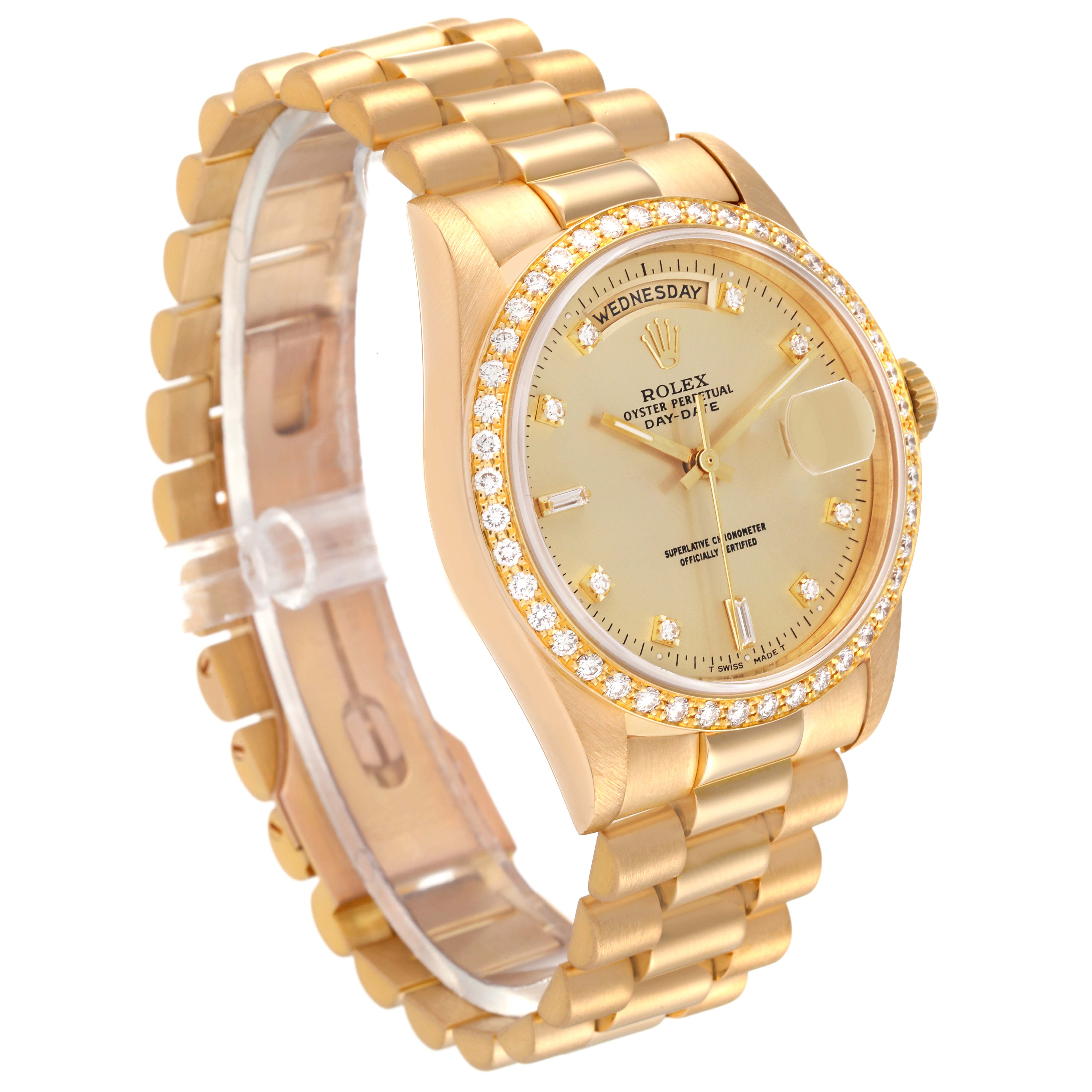 The Rolex President 18348 Men's Yellow Gold Champagne Dial 18348 Men's Yellow Gold Champagne Dial model watch is shown at a slight side angle, highlighting its gold bracelet, diamond bezel, and face.