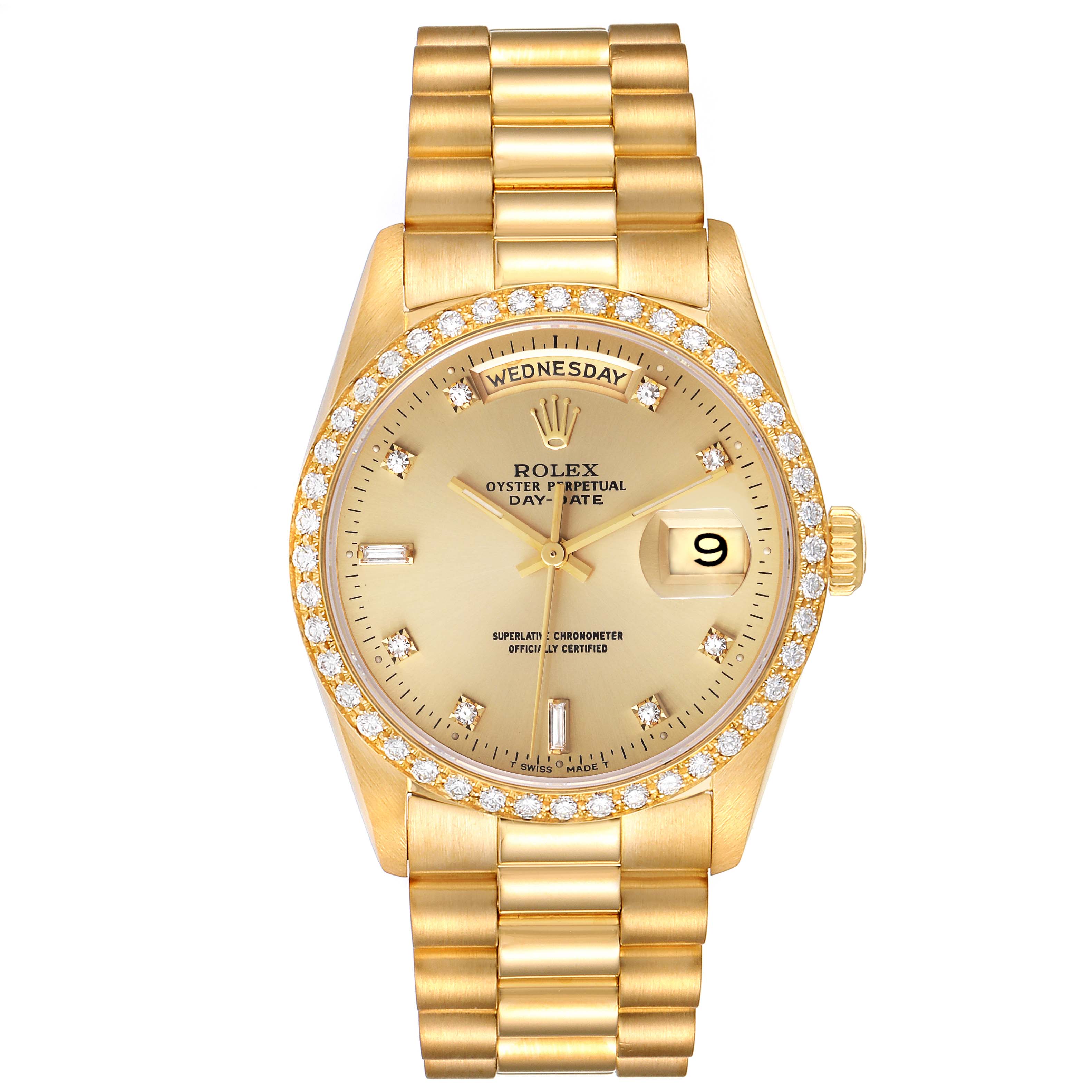 The image shows a frontal view of the Rolex President 18348 Men's Yellow Gold Champagne Dial 18348 Men's Yellow Gold Champagne Dial model watch, highlighting the dial, bezel, and bracelet.