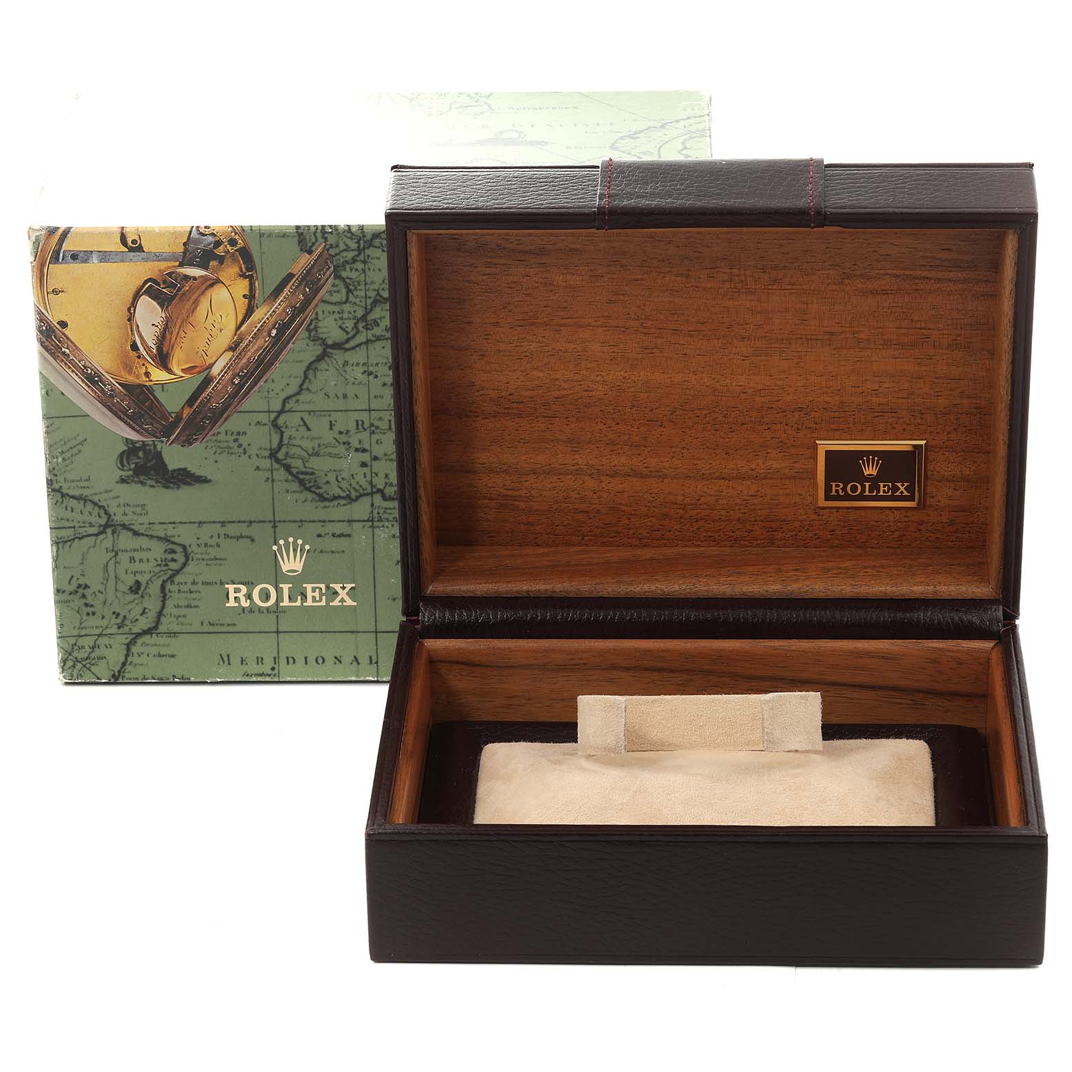 The image shows an open Rolex President 18348 Men's Yellow Gold Champagne Dial 18348 Men's Yellow Gold Champagne Dial watch box, displaying the inner cushioned compartment and the Rolex logo.