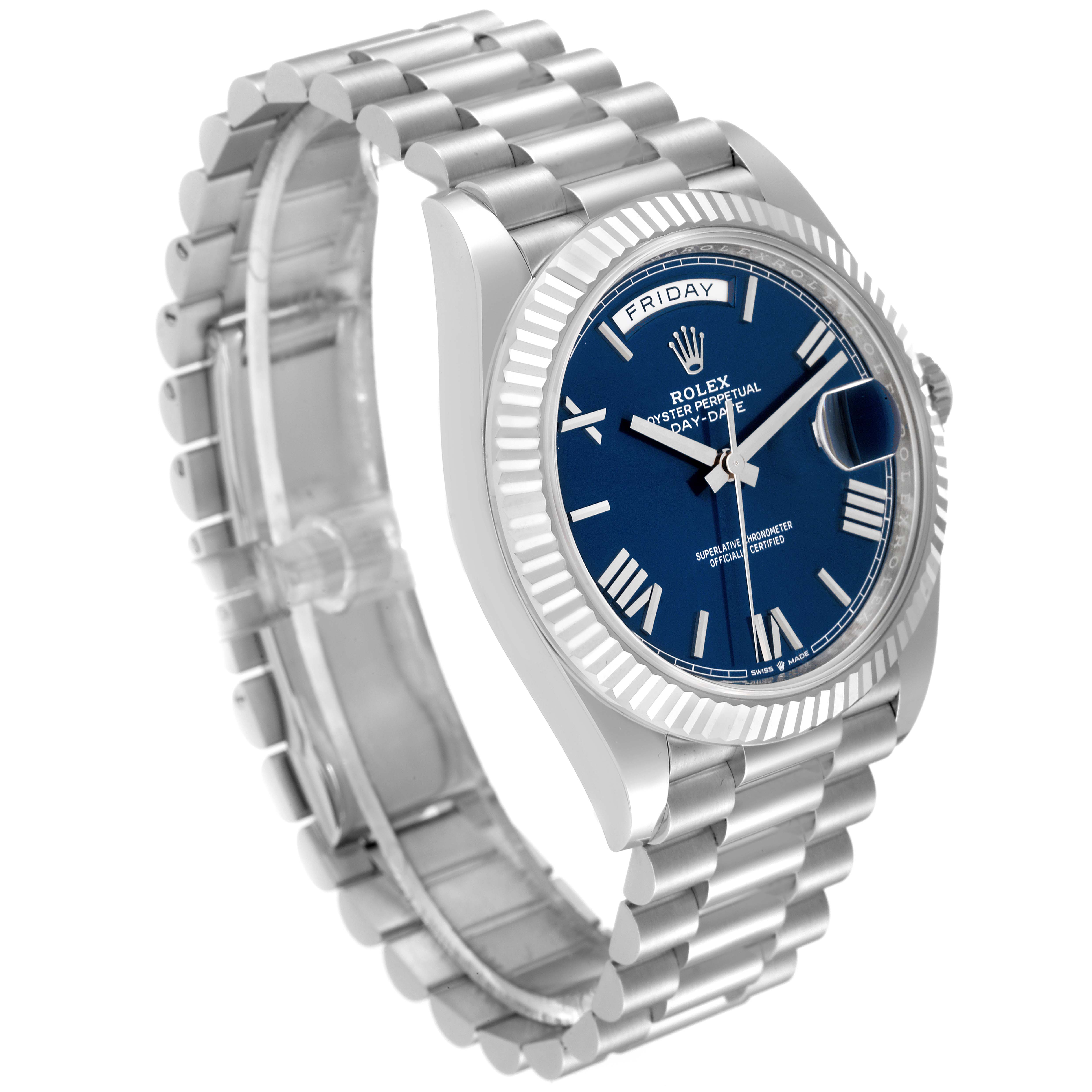 The image shows a Rolex President 228236 Men's Platinum Blue Dial 228236 Men's Platinum Blue Dial model watch at an angle highlighting its bracelet, bezel, dial, and crown.