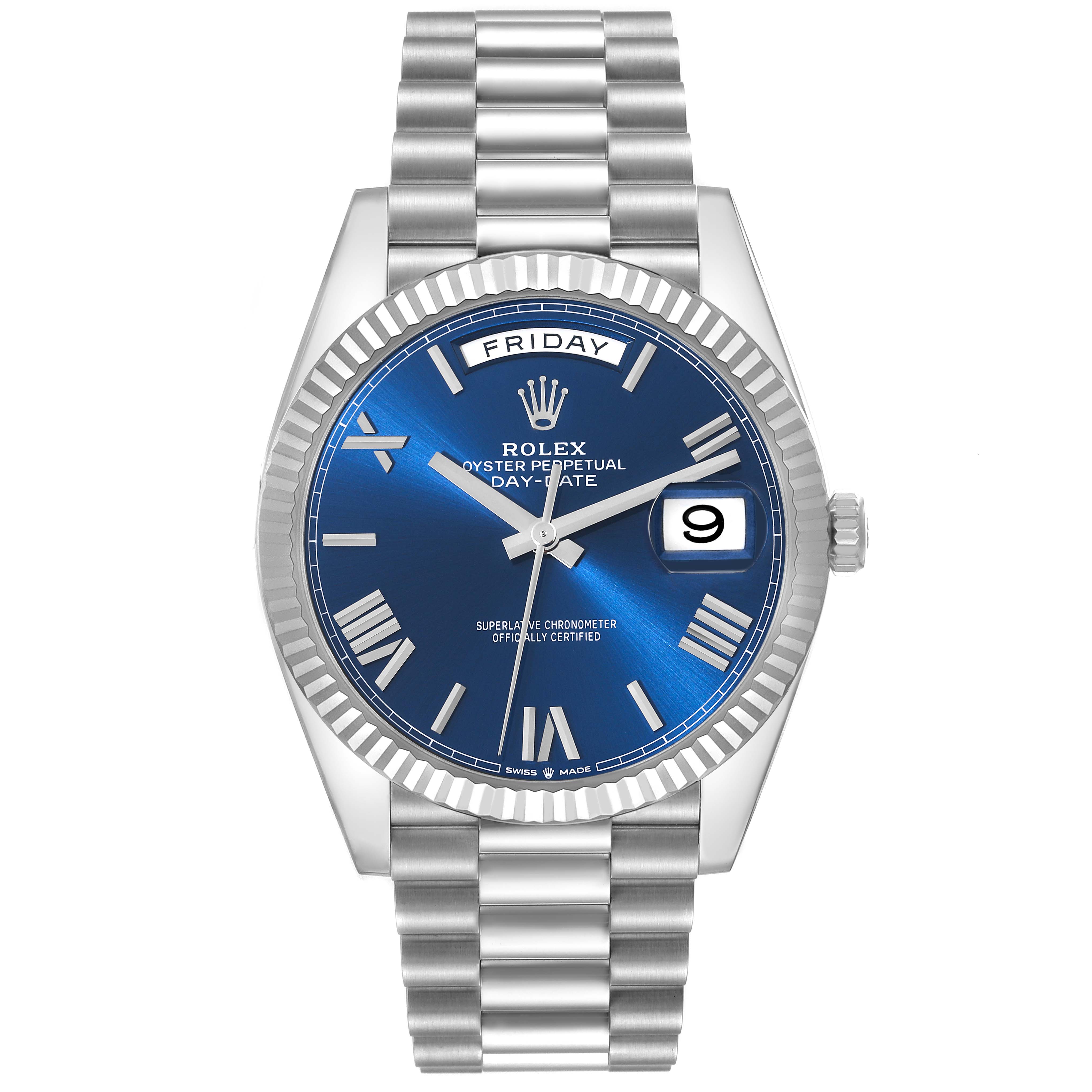 The image shows a frontal view of a Rolex President 228236 Men's Platinum Blue Dial 228236 Men's Platinum Blue Dial watch featuring a blue dial, fluted bezel, and day-date display.