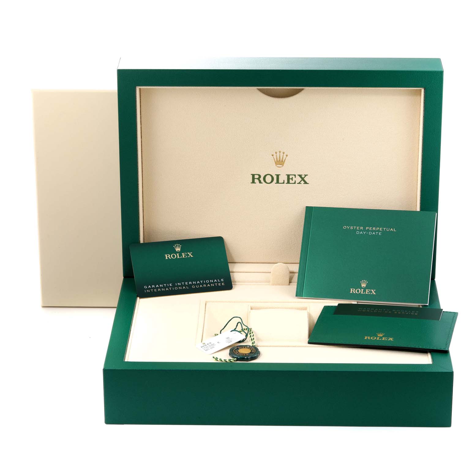 The image shows an open Rolex President 228236 Men's Platinum Blue Dial 228236 Men's Platinum Blue Dial model box with warranty cards, booklets, and a tag inside.