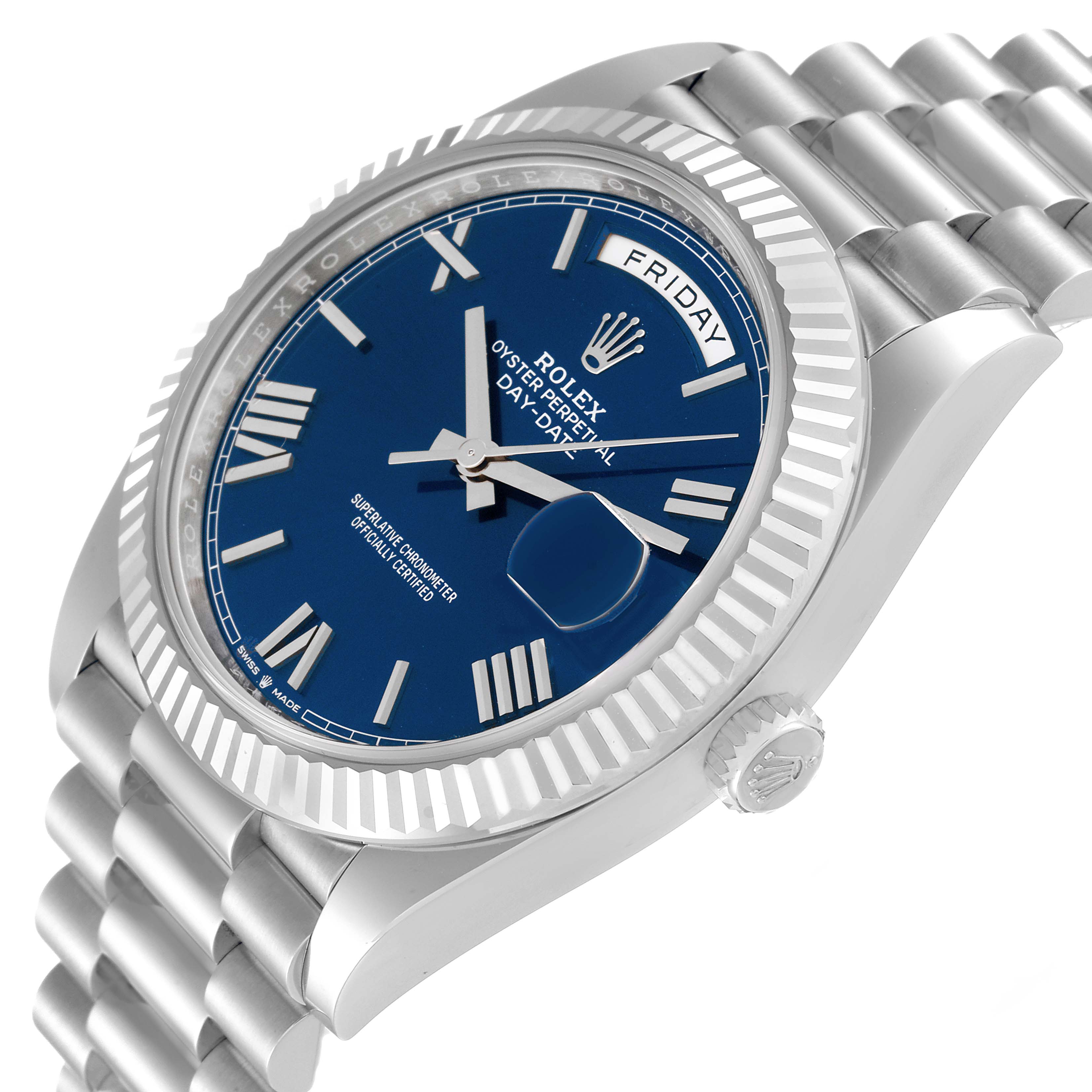 This image shows a side angle of the Rolex President 228236 Men's Platinum Blue Dial 228236 Men's Platinum Blue Dial model, highlighting its blue dial, fluted bezel, and part of the bracelet.