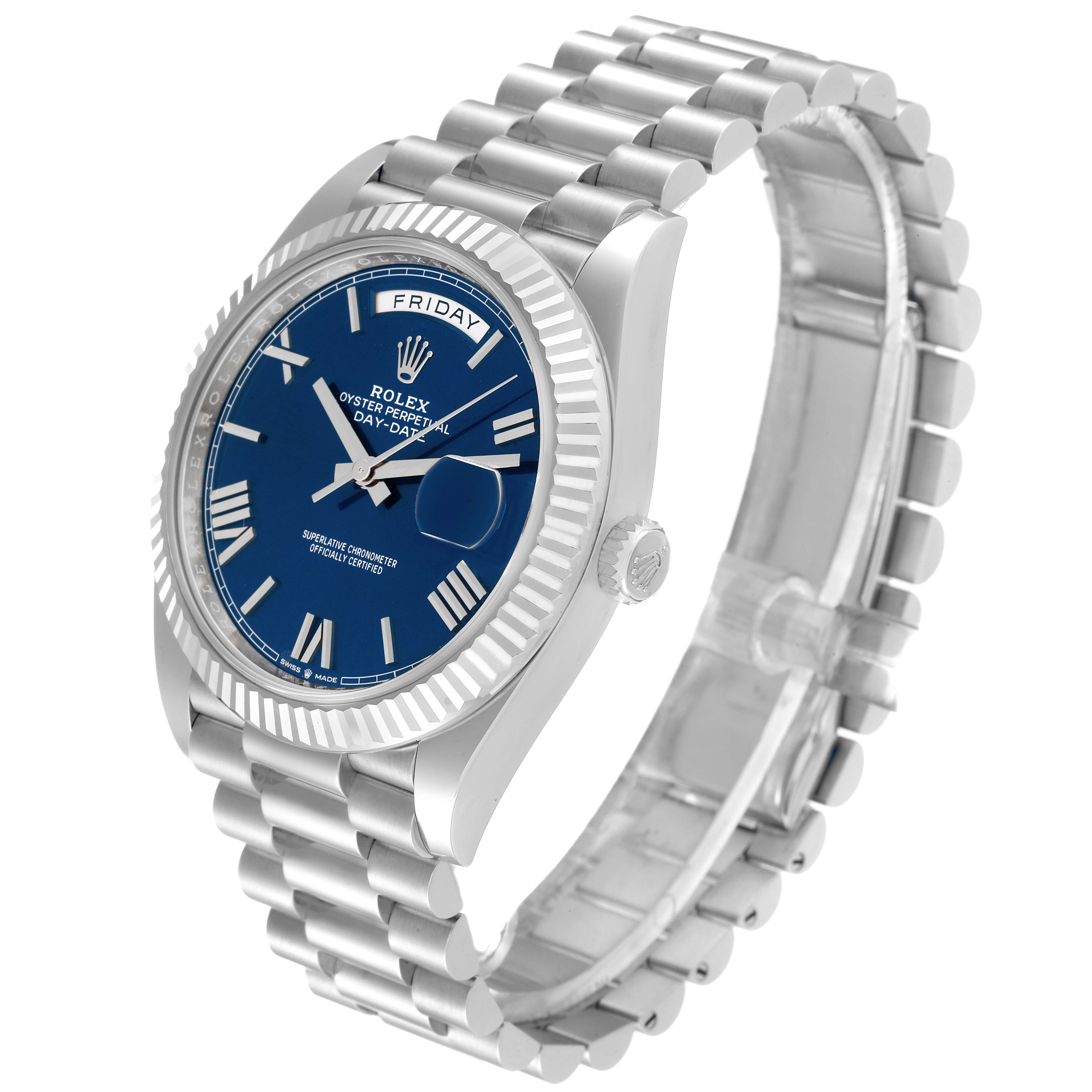 This image shows a Rolex President 228236 Men's Platinum Blue Dial 228236 Men's Platinum Blue Dial model watch with a blue dial, fluted bezel, and silver bracelet, viewed at a slight angle from the clasp side.