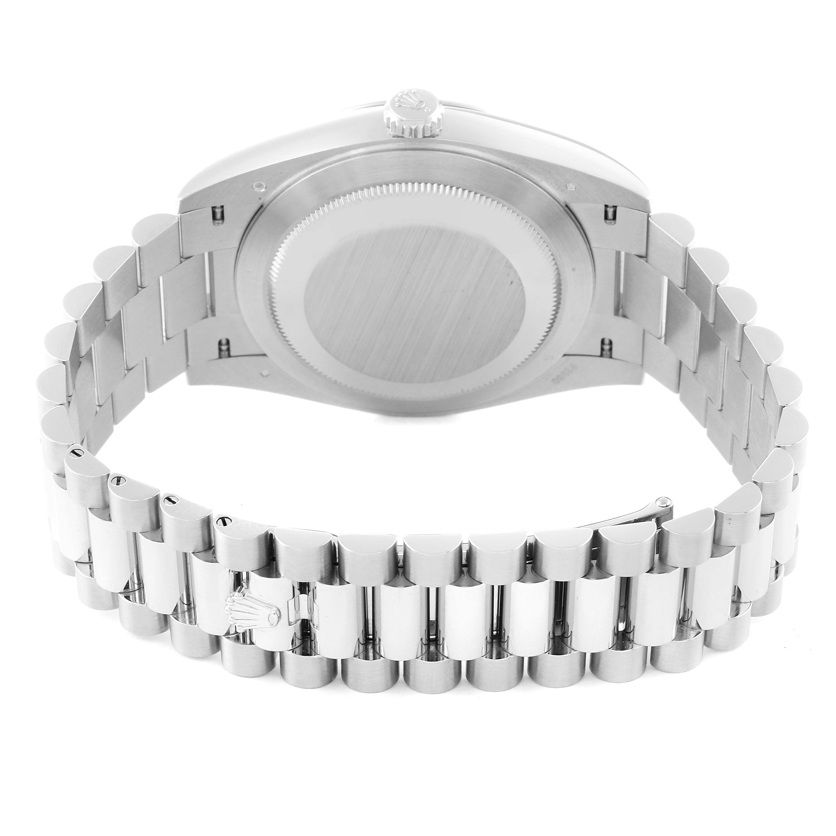 The image shows the back view of the Rolex President 228236 Men's Platinum Blue Dial 228236 Men's Platinum Blue Dial model watch, highlighting its case back and bracelet.