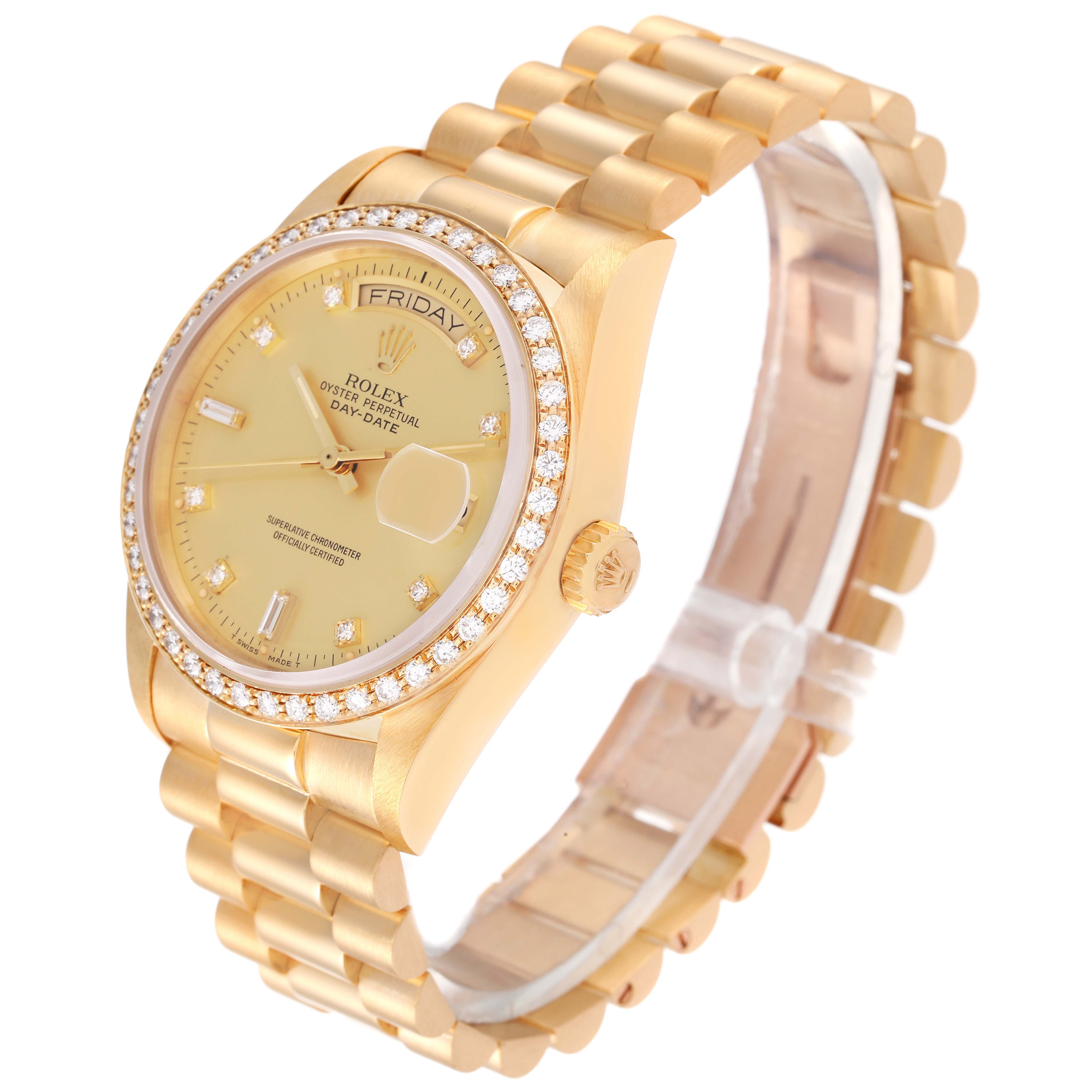 This image shows a Rolex President 18048 Men
s Yellow Gold Champagne Dial 18048 Men
s Yellow Gold Champagne Dial model watch at a three-quarter angle, featuring the face, bezel, and bracelet.