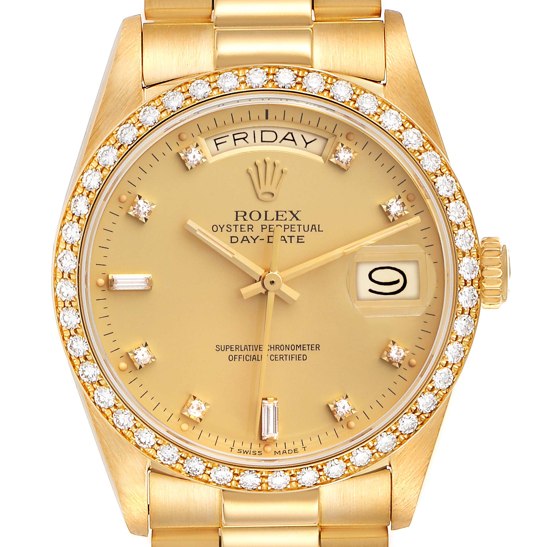 This is a frontal view of a Rolex President 18048 Men
s Yellow Gold Champagne Dial 18048 Men
s Yellow Gold Champagne Dial Oyster Perpetual Day-Date watch showing the face, bezel, crown, and bracelet.