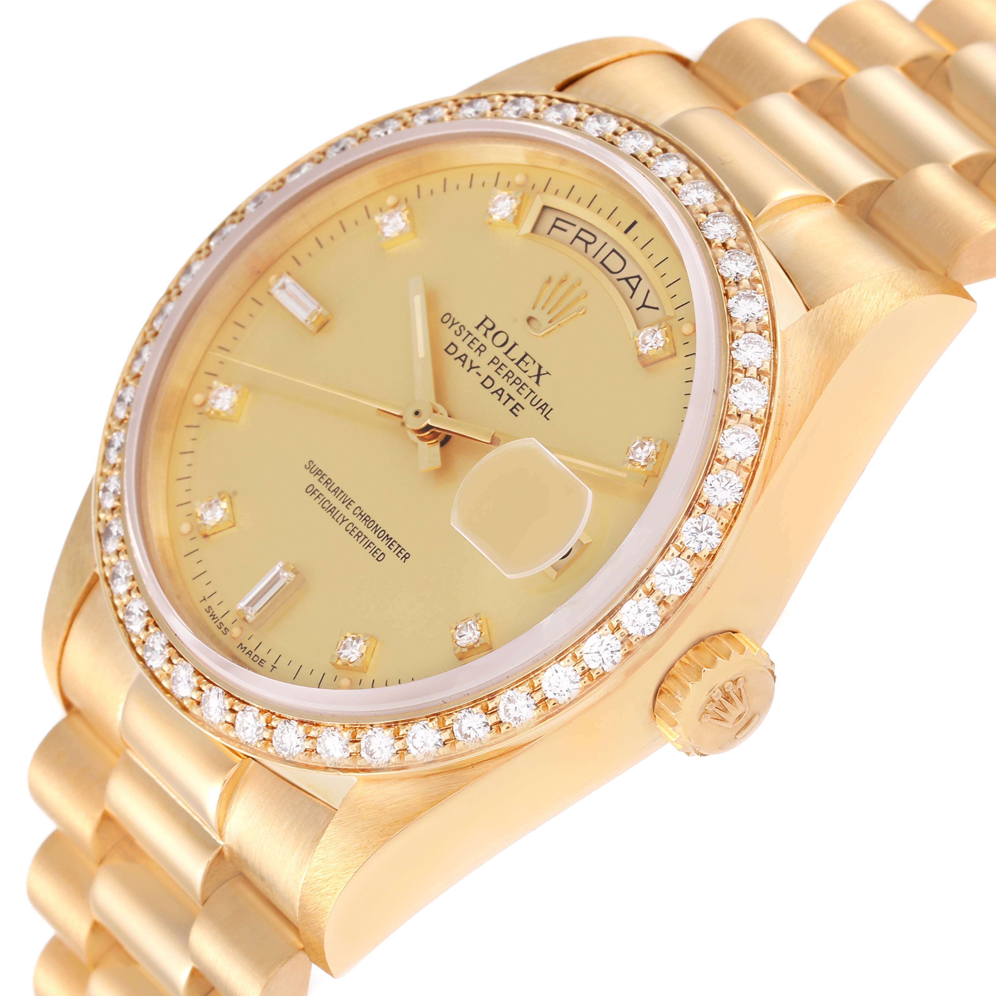 The Rolex President 18048 Men
s Yellow Gold Champagne Dial 18048 Men
s Yellow Gold Champagne Dial model watch is shown at a tilted angle, highlighting its gold bracelet, diamond-encrusted bezel, and dial.