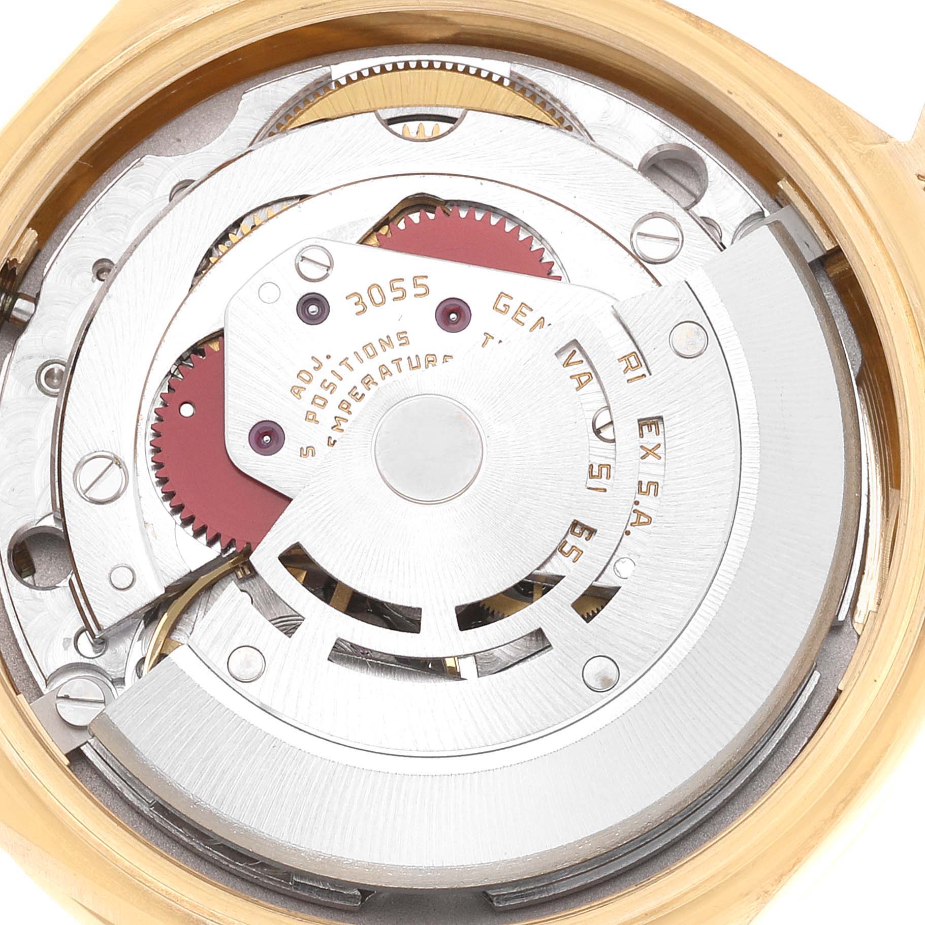 This image shows the internal movement mechanism of a Rolex President 18048 Men
s Yellow Gold Champagne Dial 18048 Men
s Yellow Gold Champagne Dial model watch from a top-down angle.