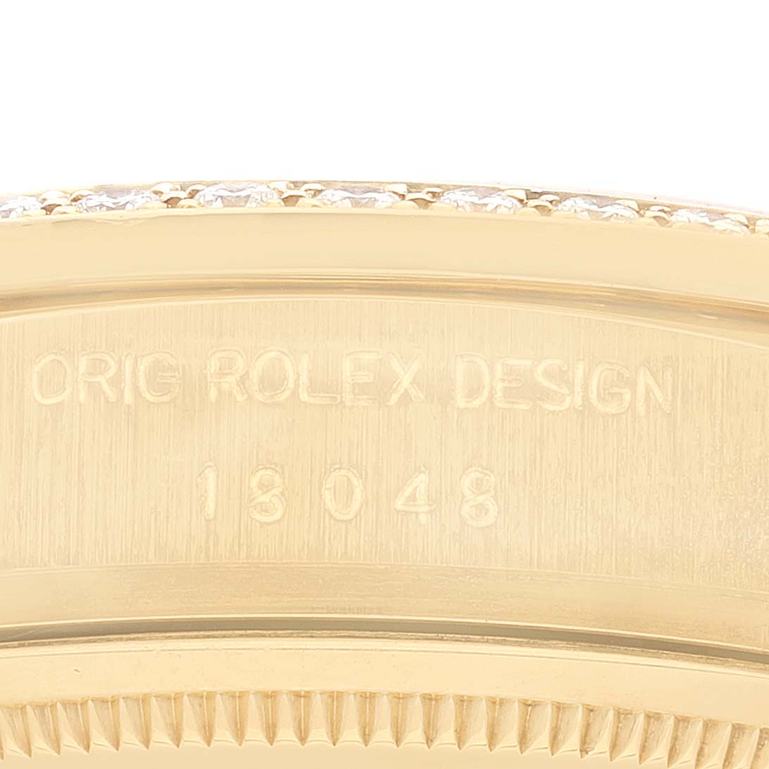 This image shows the side view of the case back with the model number and part of the bezel of a Rolex President 18048 Men
s Yellow Gold Champagne Dial 18048 Men
s Yellow Gold Champagne Dial watch.