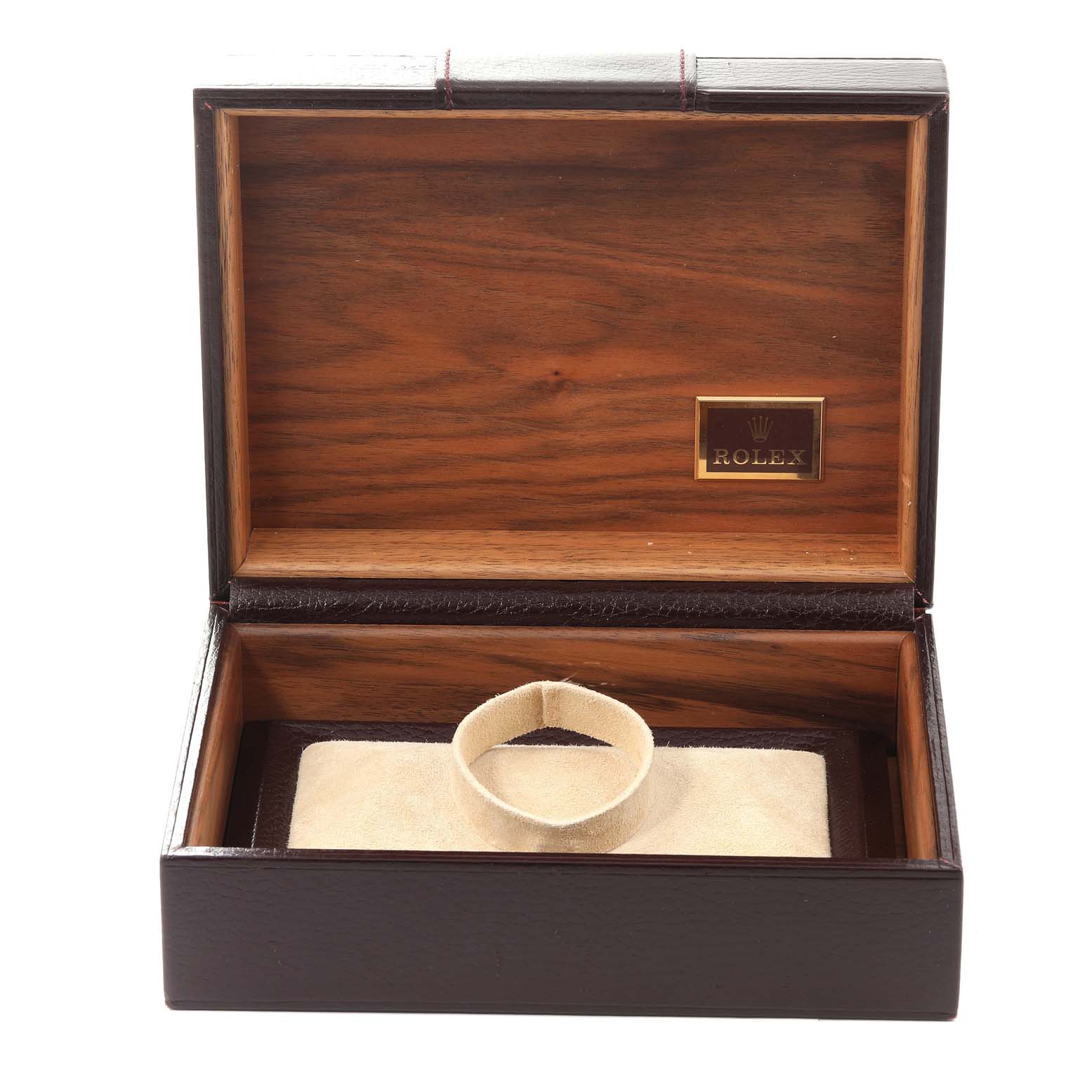 The image shows an empty wooden box for a Rolex President 18048 Men
s Yellow Gold Champagne Dial 18048 Men
s Yellow Gold Champagne Dial model watch, with a gold Rolex plaque and cushion display pillow.