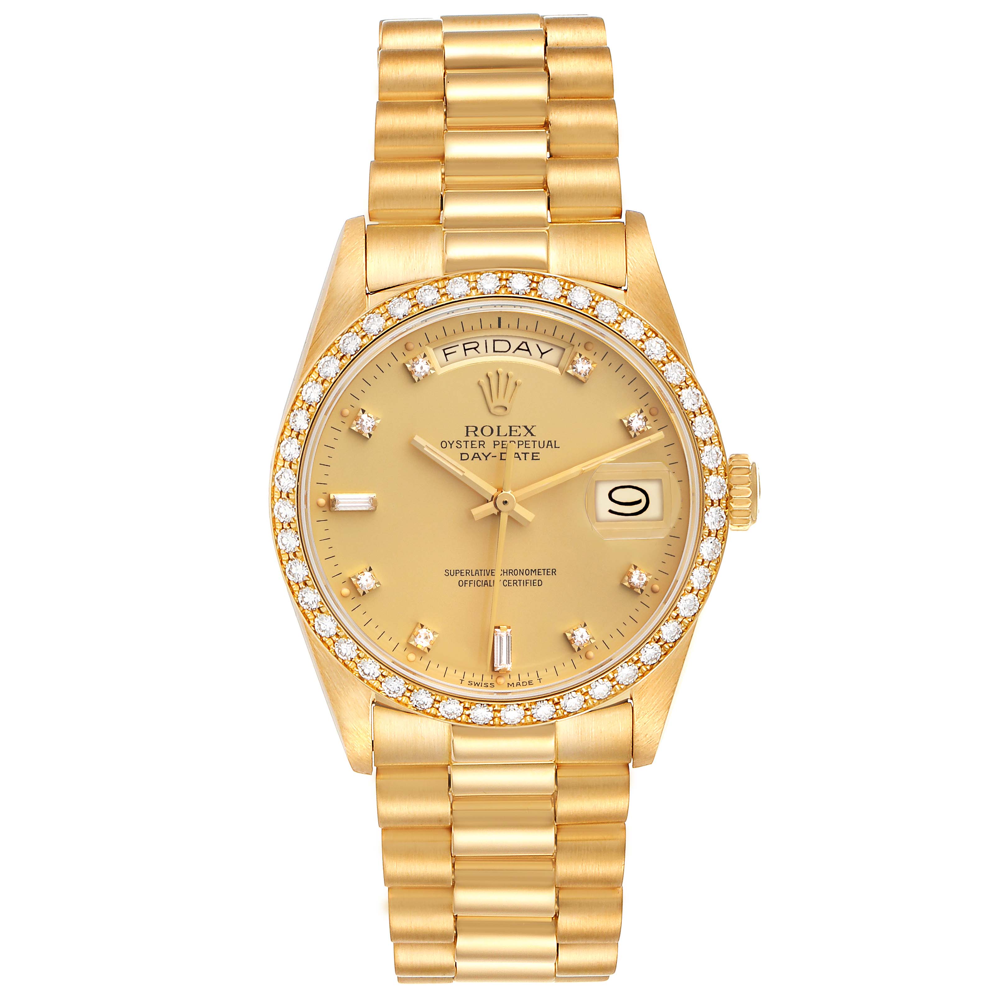 The image shows a front view of a gold Rolex President 18048 Men
s Yellow Gold Champagne Dial 18048 Men
s Yellow Gold Champagne Dial model watch, displaying its face, bracelet, and crown.