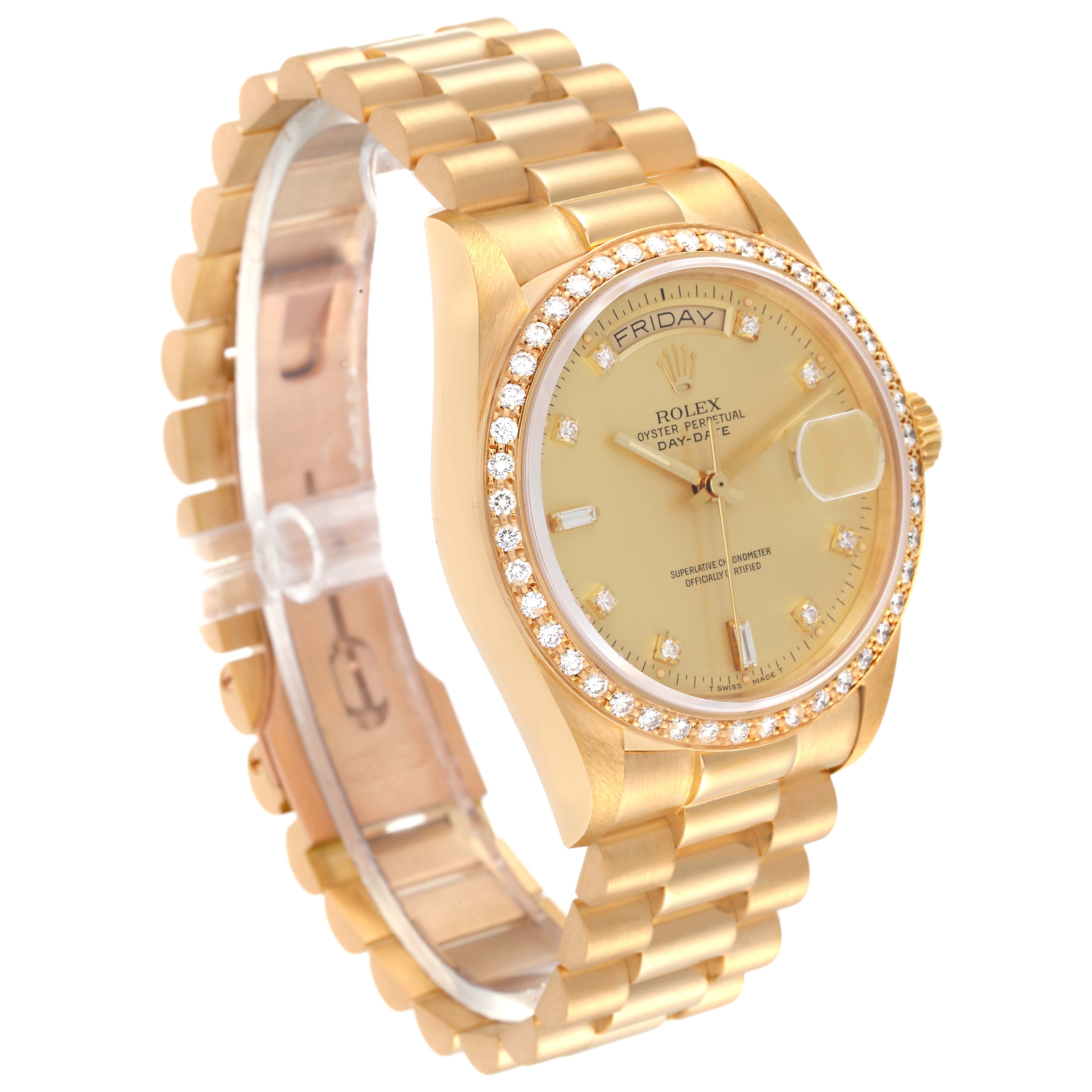 The image shows the Rolex President 18048 Men
s Yellow Gold Champagne Dial 18048 Men
s Yellow Gold Champagne Dial model watch from a three-quarter angle, highlighting the dial, bezel, and bracelet.