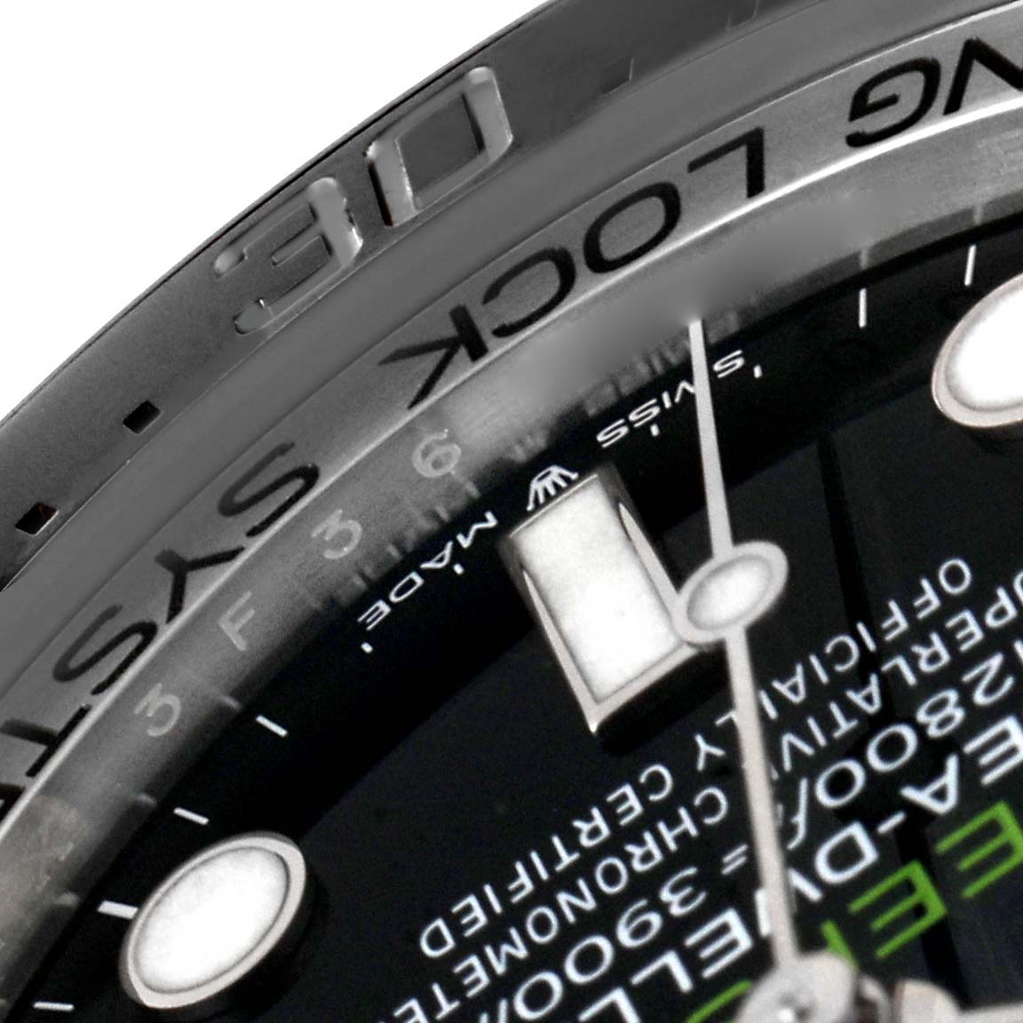 This close-up image shows the bezel and part of the dial of a Rolex Sea-Dweller 126660 Men
s Stainless Steel Blue Dial 126660 Men
s Stainless Steel Blue Dial watch.