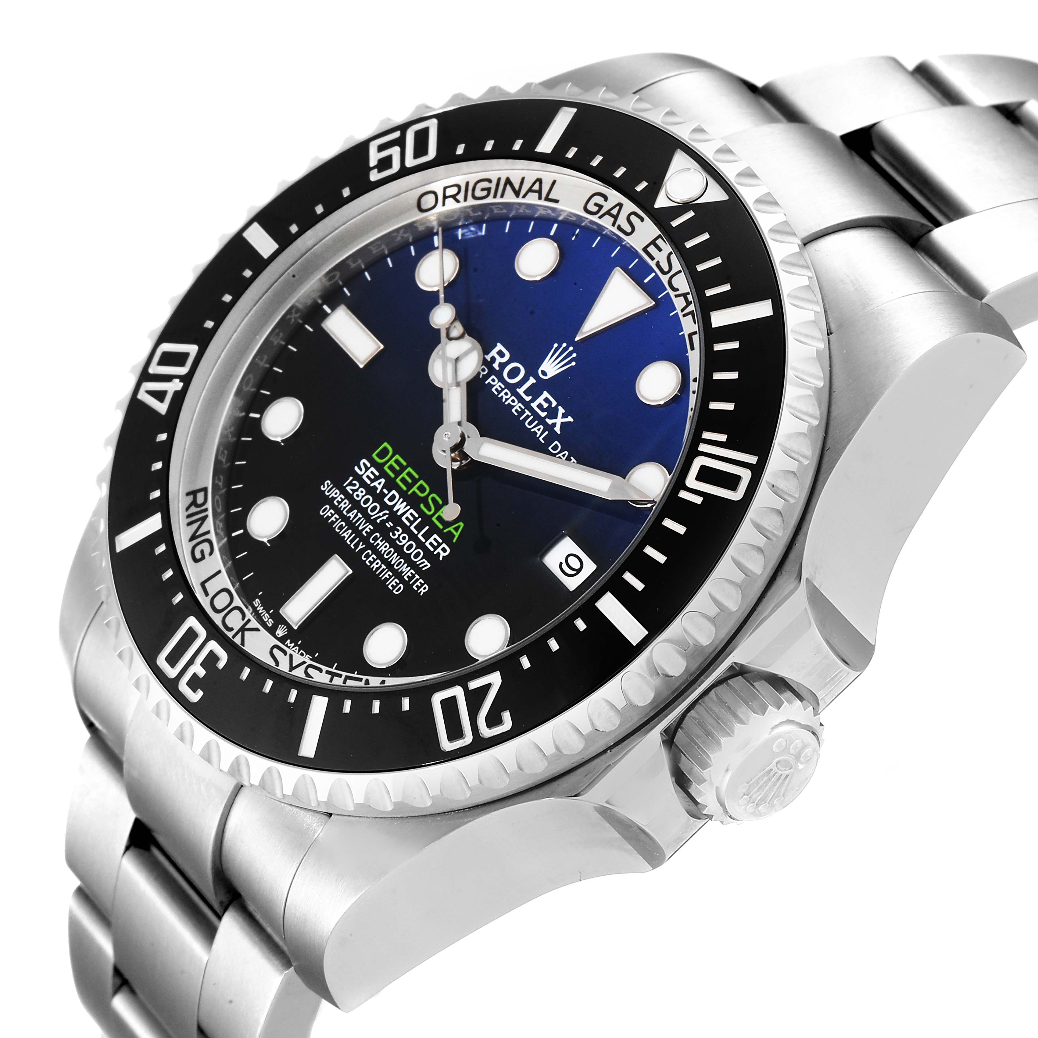 The Rolex Sea-Dweller 126660 Men
s Stainless Steel Blue Dial 126660 Men
s Stainless Steel Blue Dial watch is shown from a side-angle, displaying the dial, bezel, and part of the bracelet.
