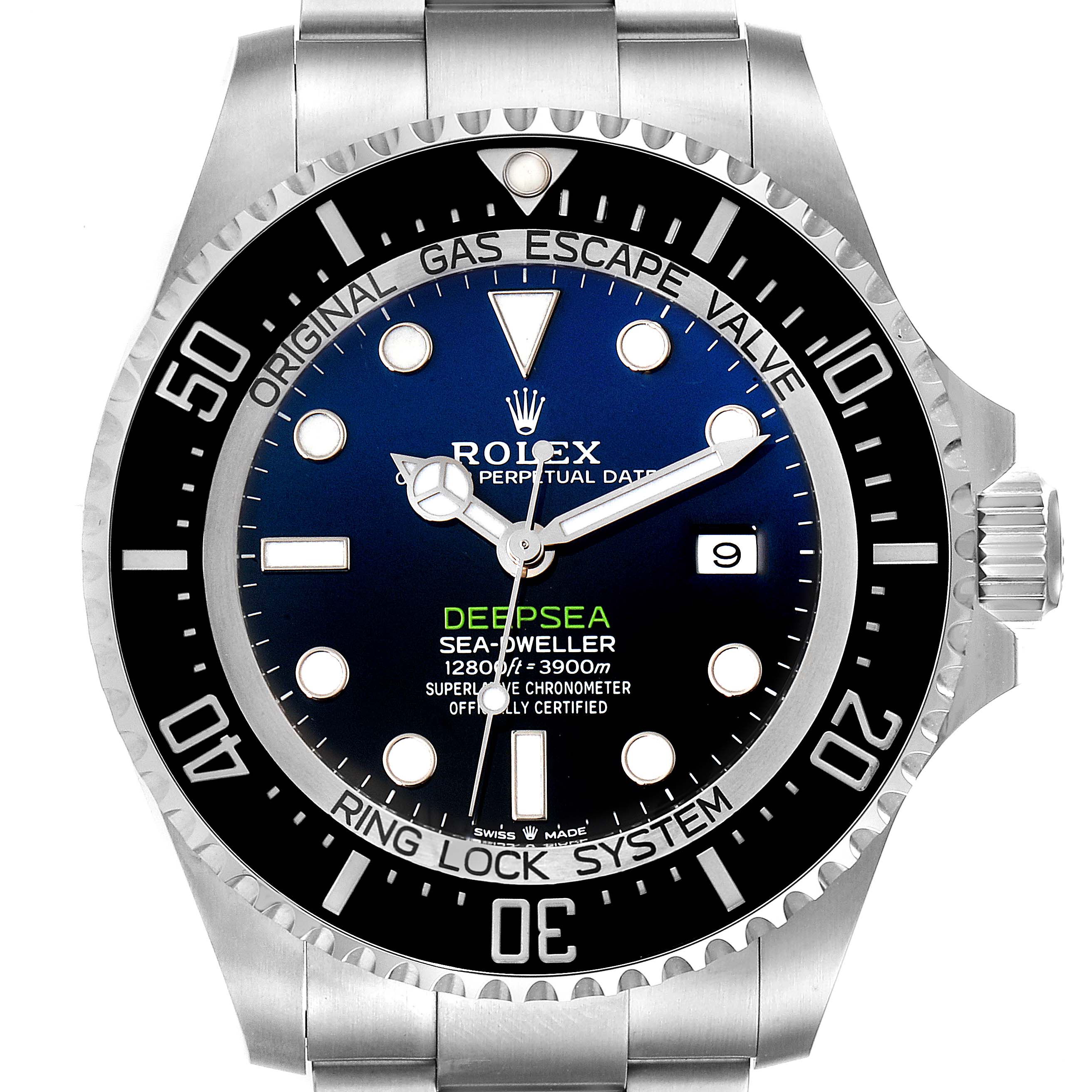This image shows a front view of the dial and bezel of a Rolex Sea-Dweller 126660 Men
s Stainless Steel Blue Dial 126660 Men
s Stainless Steel Blue Dial Deepsea model watch.