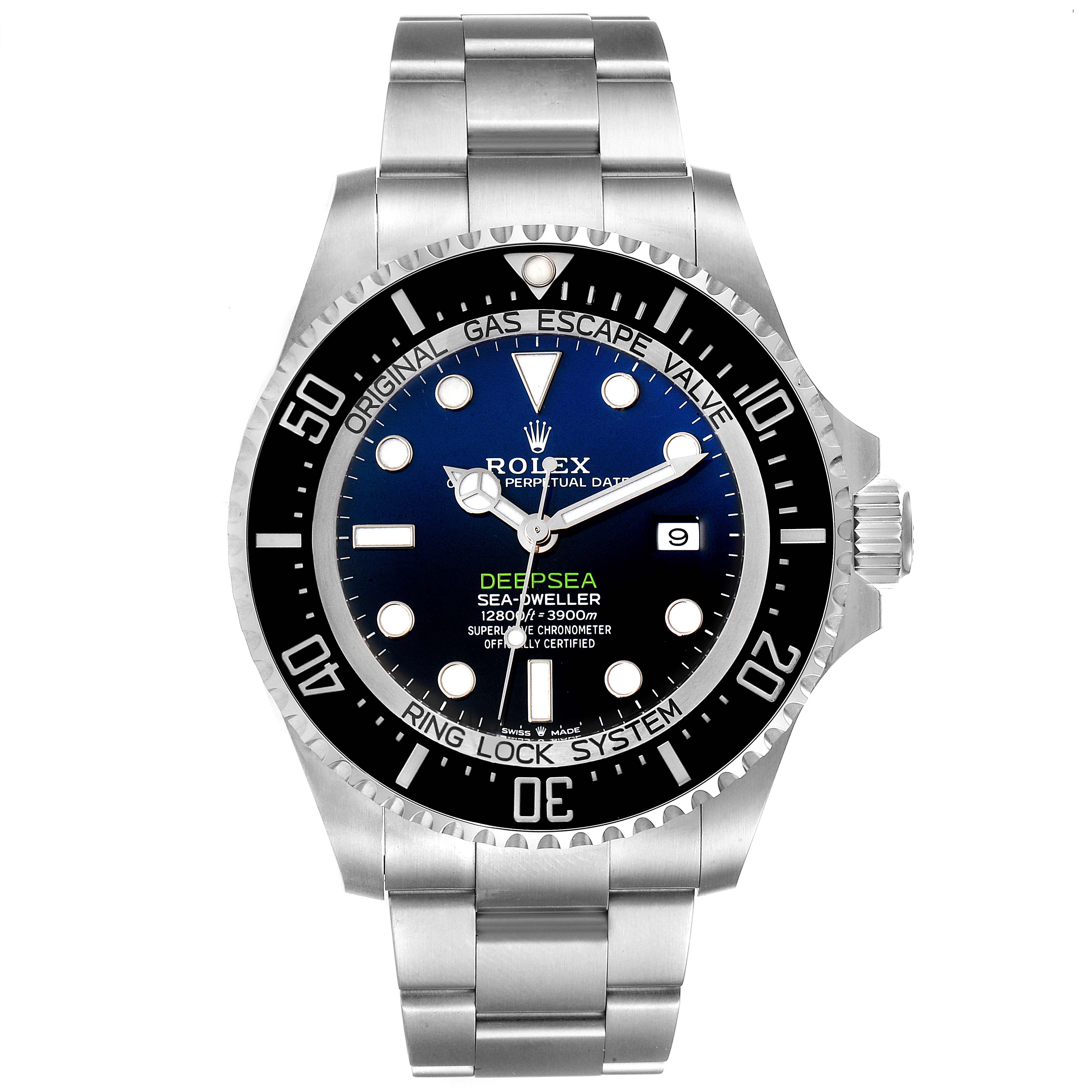 The image shows a front view of the Rolex Sea-Dweller 126660 Men
s Stainless Steel Blue Dial 126660 Men
s Stainless Steel Blue Dial watch, including its dial, bezel, and bracelet.