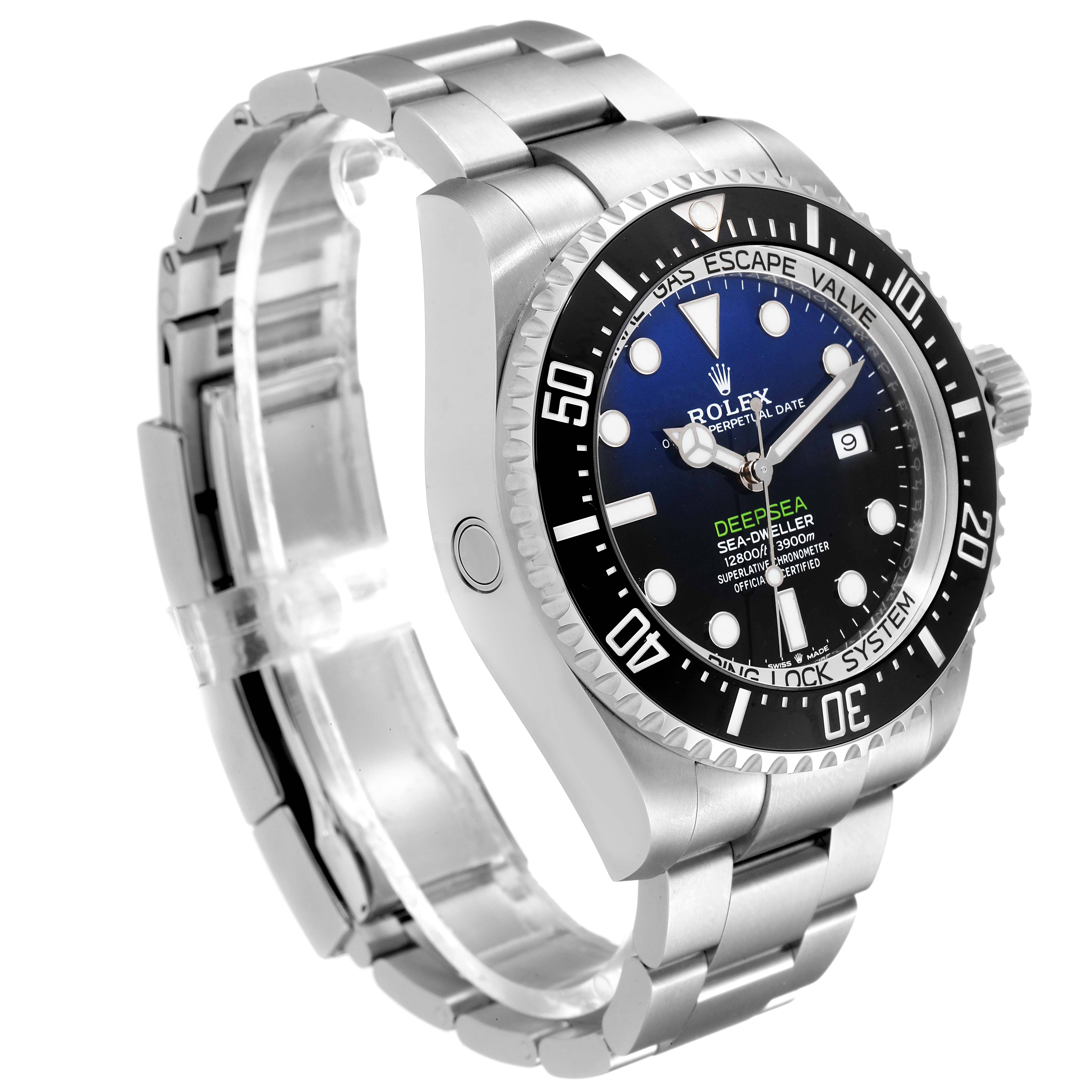 The image shows a side angle and partial face view of a Rolex Sea-Dweller 126660 Men
s Stainless Steel Blue Dial 126660 Men
s Stainless Steel Blue Dial watch, highlighting its bezel, dial, and bracelet.