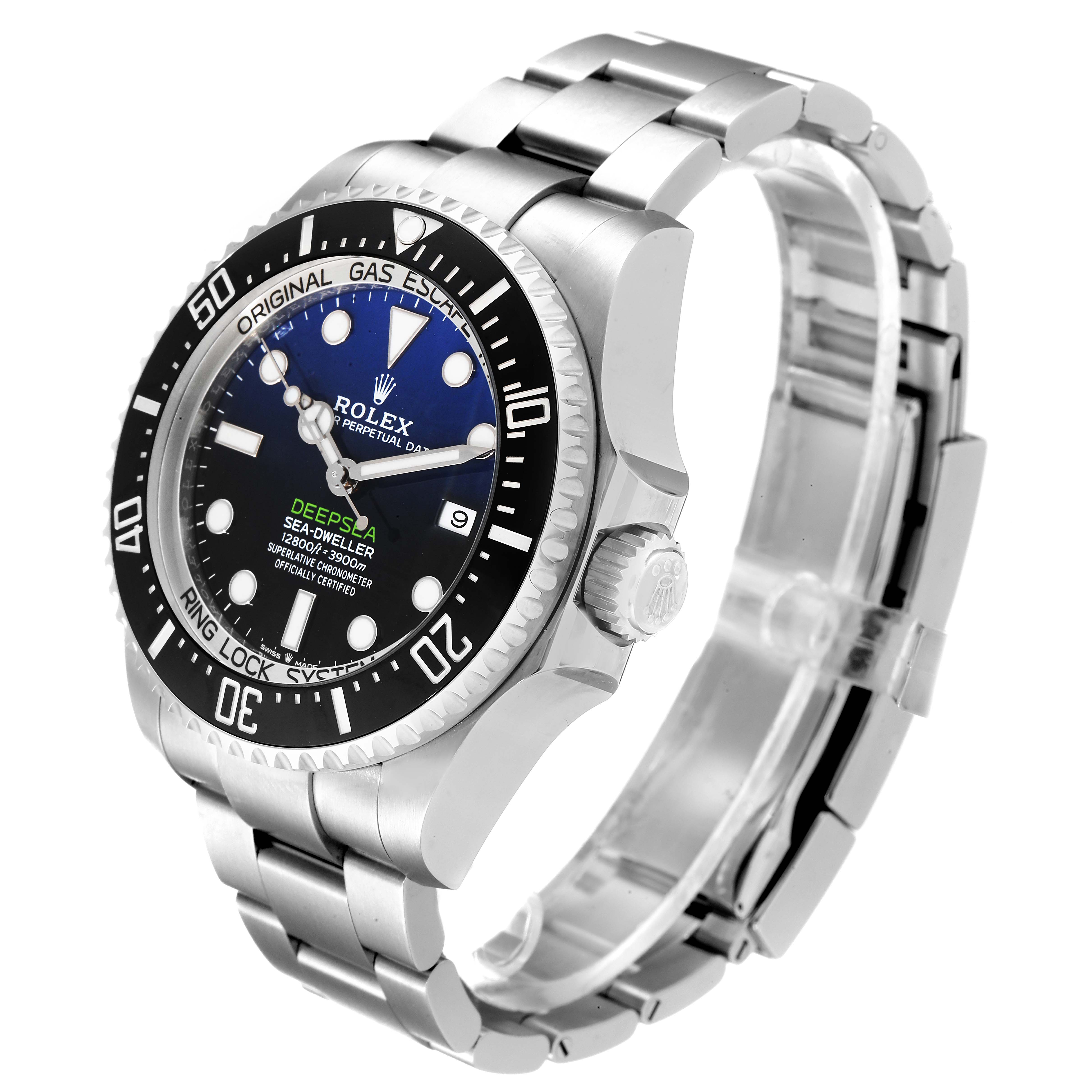 The image shows a Rolex Sea-Dweller 126660 Men
s Stainless Steel Blue Dial 126660 Men
s Stainless Steel Blue Dial watch at a three-quarter angle, highlighting the face, bezel, crown, and bracelet.