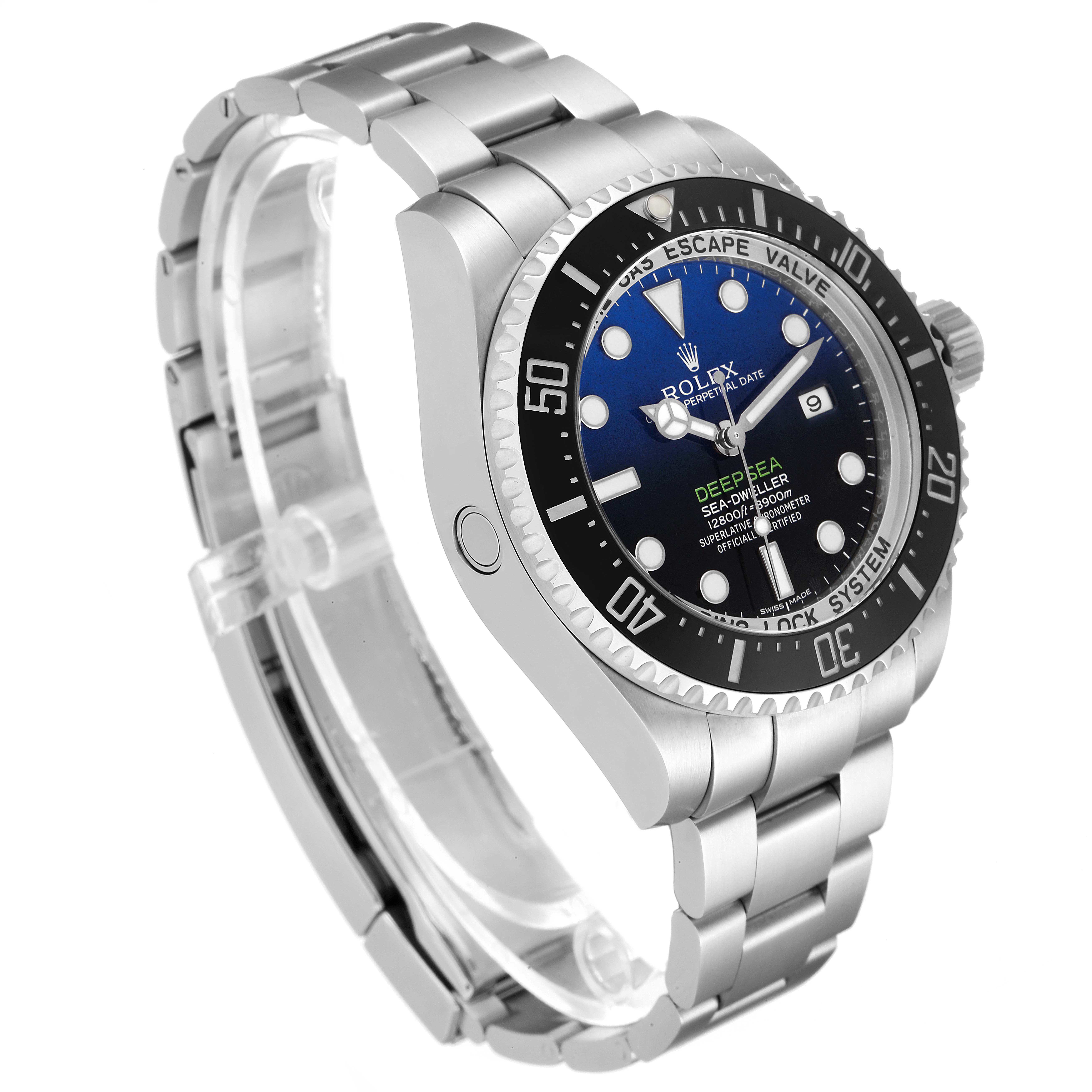 This image shows a side angle view of the Rolex Sea-Dweller 116660 Men's Stainless Steel Blue Dial 116660 Men's Stainless Steel Blue Dial watch, highlighting its bracelet, bezel, and dial.
