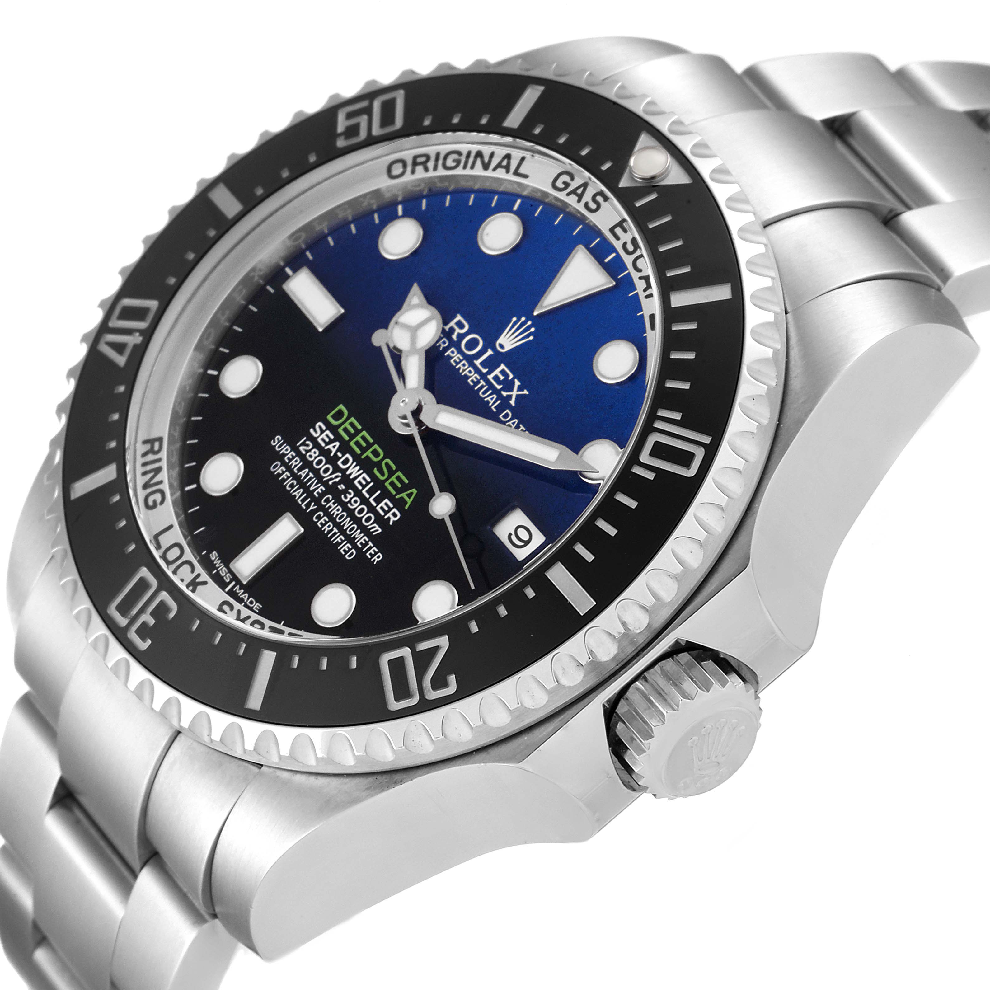 The image shows a side angle of the Rolex Sea-Dweller 116660 Men's Stainless Steel Blue Dial 116660 Men's Stainless Steel Blue Dial watch, highlighting the bezel, dial, crown, and part of the bracelet.