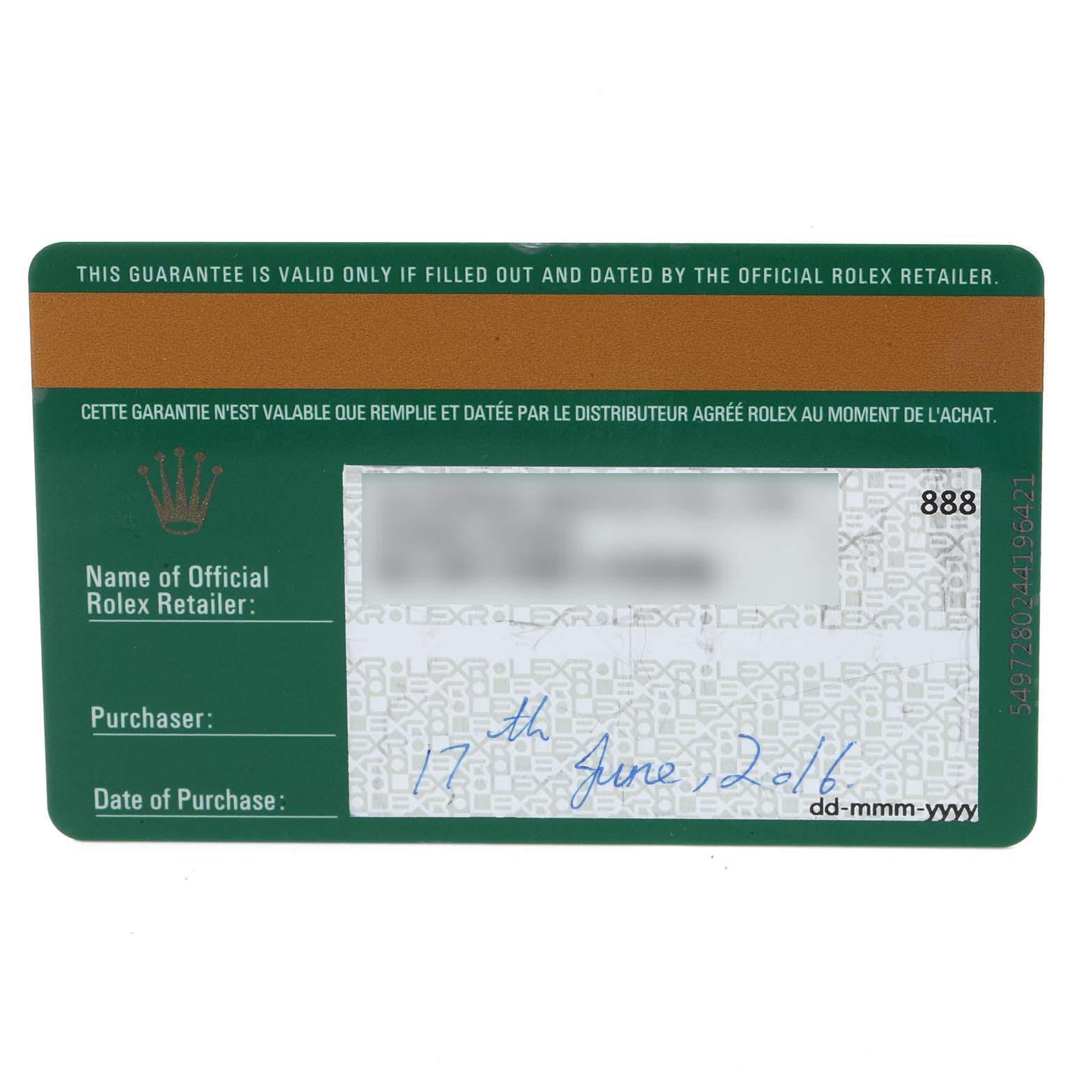 This image shows the official guarantee card for a Rolex Sea-Dweller 116660 Men's Stainless Steel Blue Dial 116660 Men's Stainless Steel Blue Dial watch.