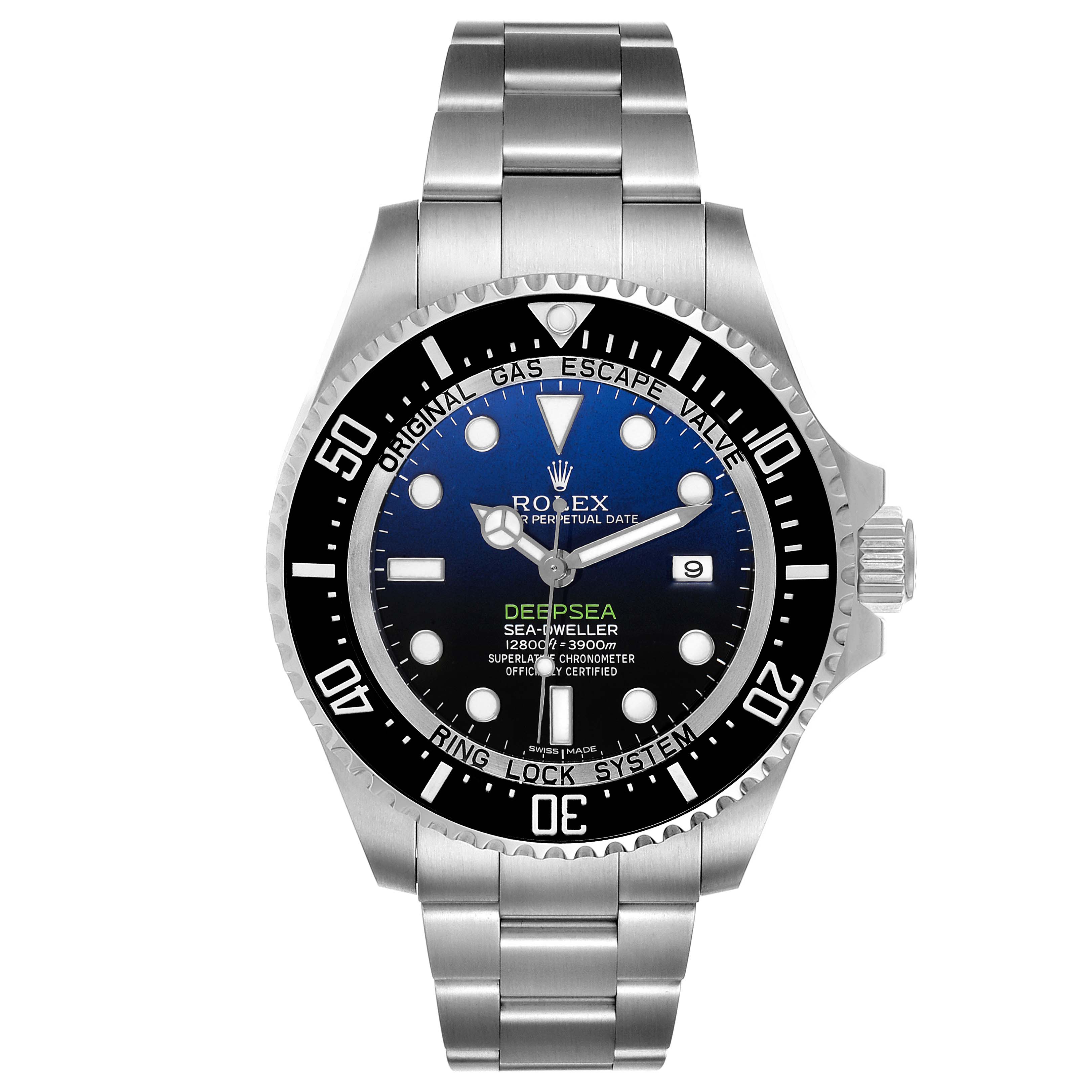 The image shows a front view of the Rolex Sea-Dweller 116660 Men's Stainless Steel Blue Dial 116660 Men's Stainless Steel Blue Dial watch displaying its dial, bezel, and bracelet.