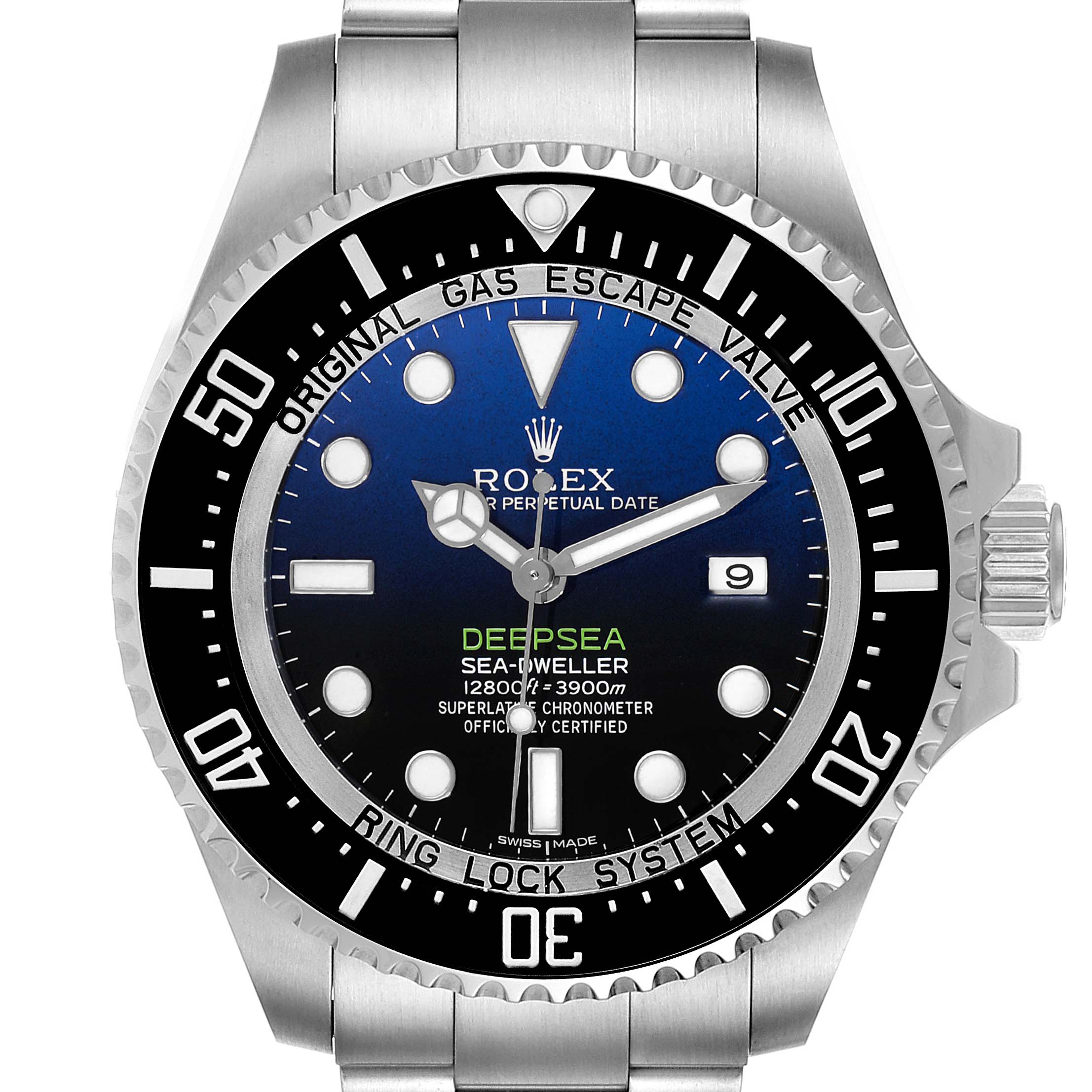 The image shows a front angle of the Rolex Sea-Dweller 116660 Men's Stainless Steel Blue Dial 116660 Men's Stainless Steel Blue Dial Deepsea watch, highlighting its face, bezel, and crown.