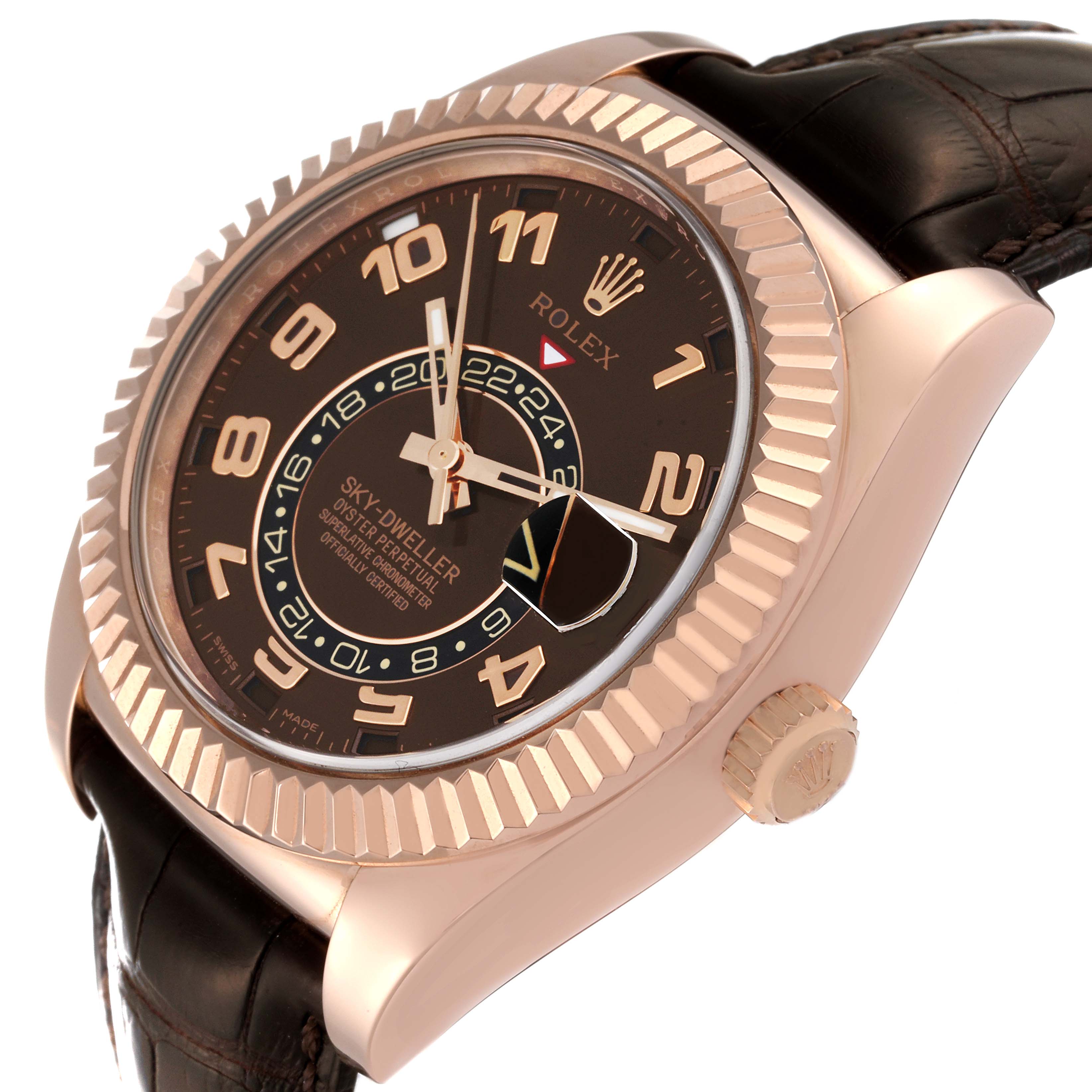 The image shows a Rolex Sky-Dweller 326135 Men's Rose Gold Brown Dial 326135 Men's Rose Gold Brown Dial watch angled slightly from the side, highlighting the bezel, dial, crown, and leather strap.